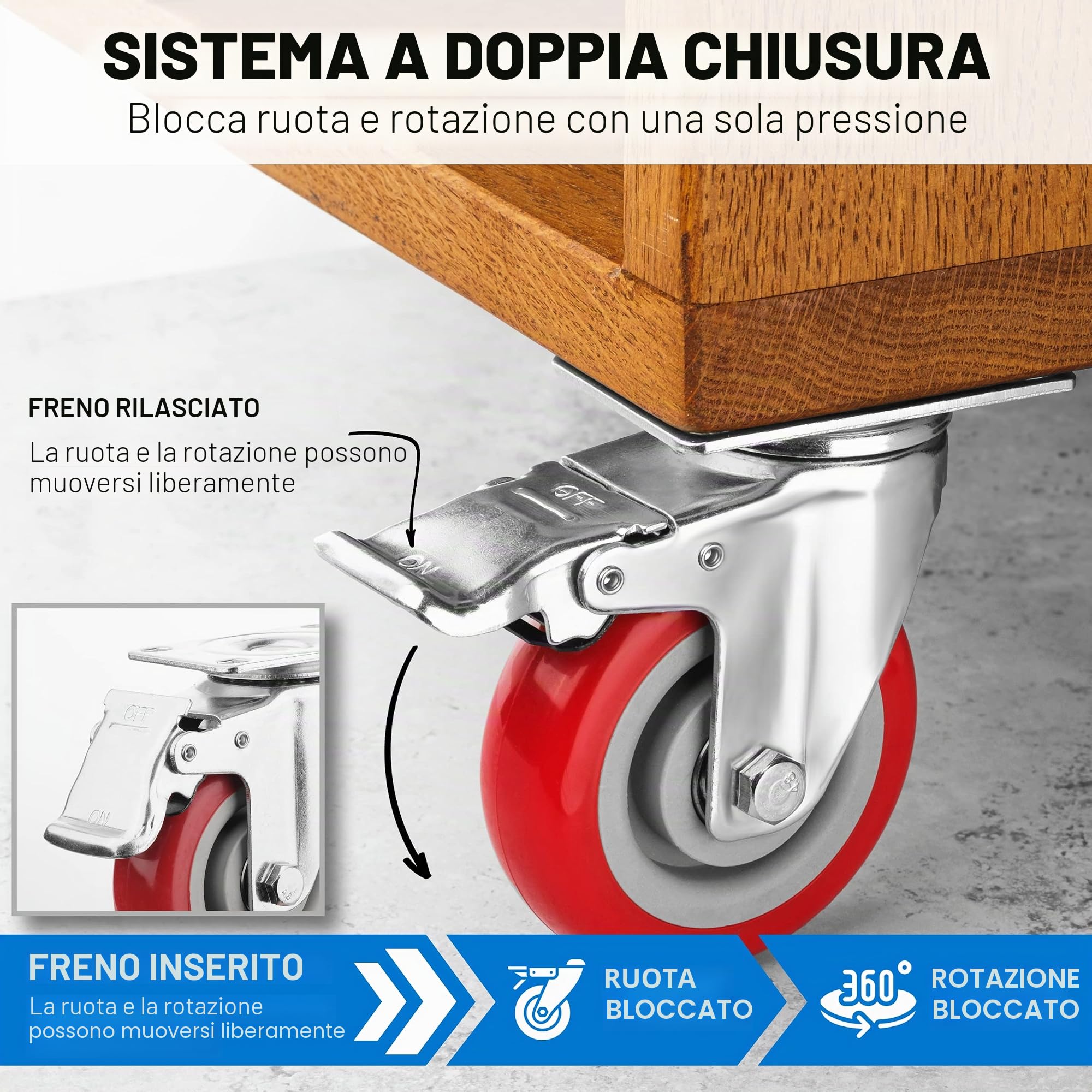 Set di 4 ruote girevoli da 10,2 cm, resistenti (capacità di carico di 997,9 kg), con freni, girevoli a 360 gradi, ideali per carrelli, mobili e banco da lavoro (4 freni)