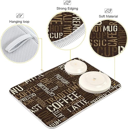 Miniatura 2 de Tapete de secado de platos para encimera de cocina, 16 x 18 pulgadas, absorbente y lavable, protector de encimera con lazo (tema de café)