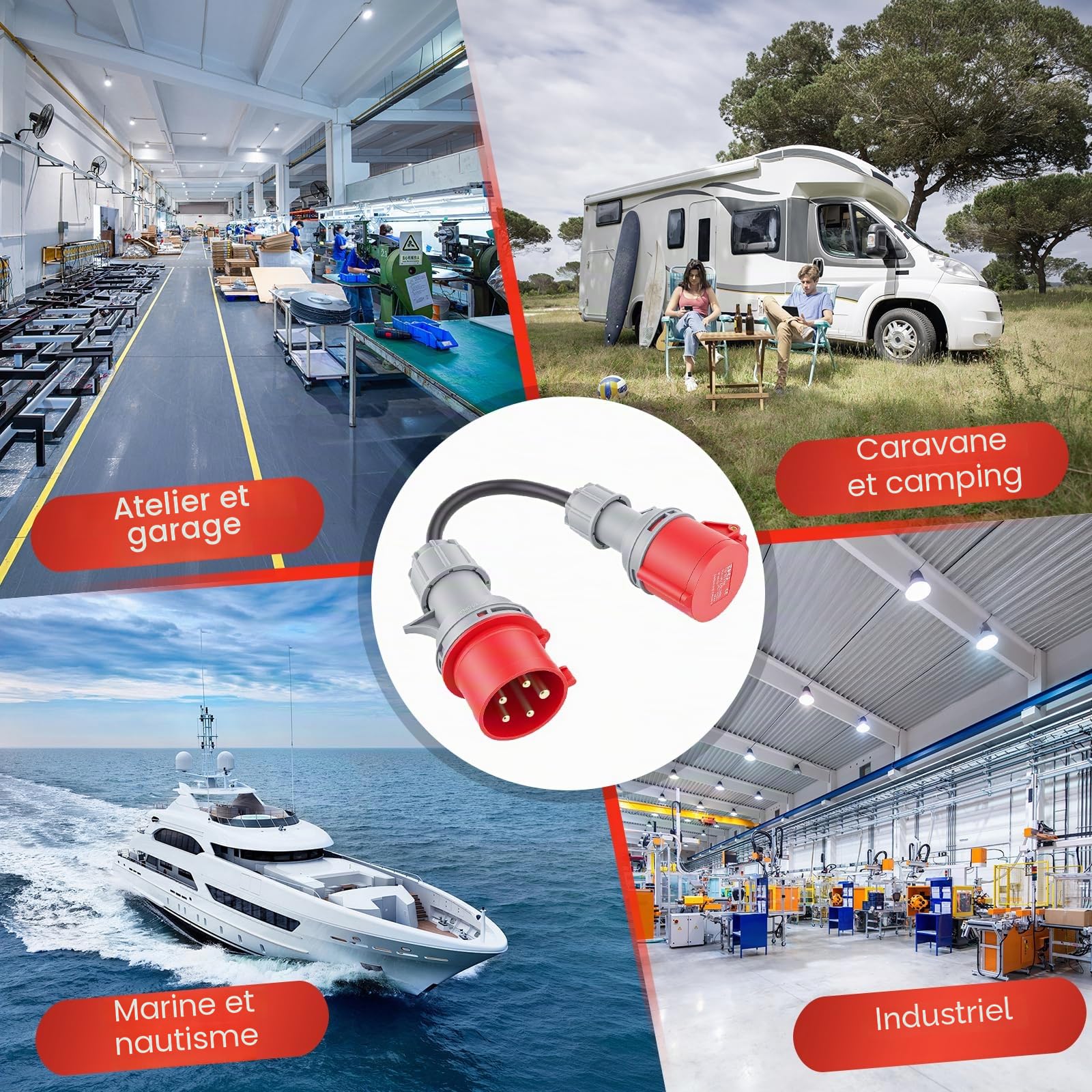 Adaptateur CEE 32A vers 16A, 5 pôles, IP44 étanche avec Couvercle de Protection Auto-fermant pour Industrie, Chantiers et Voiture électrique