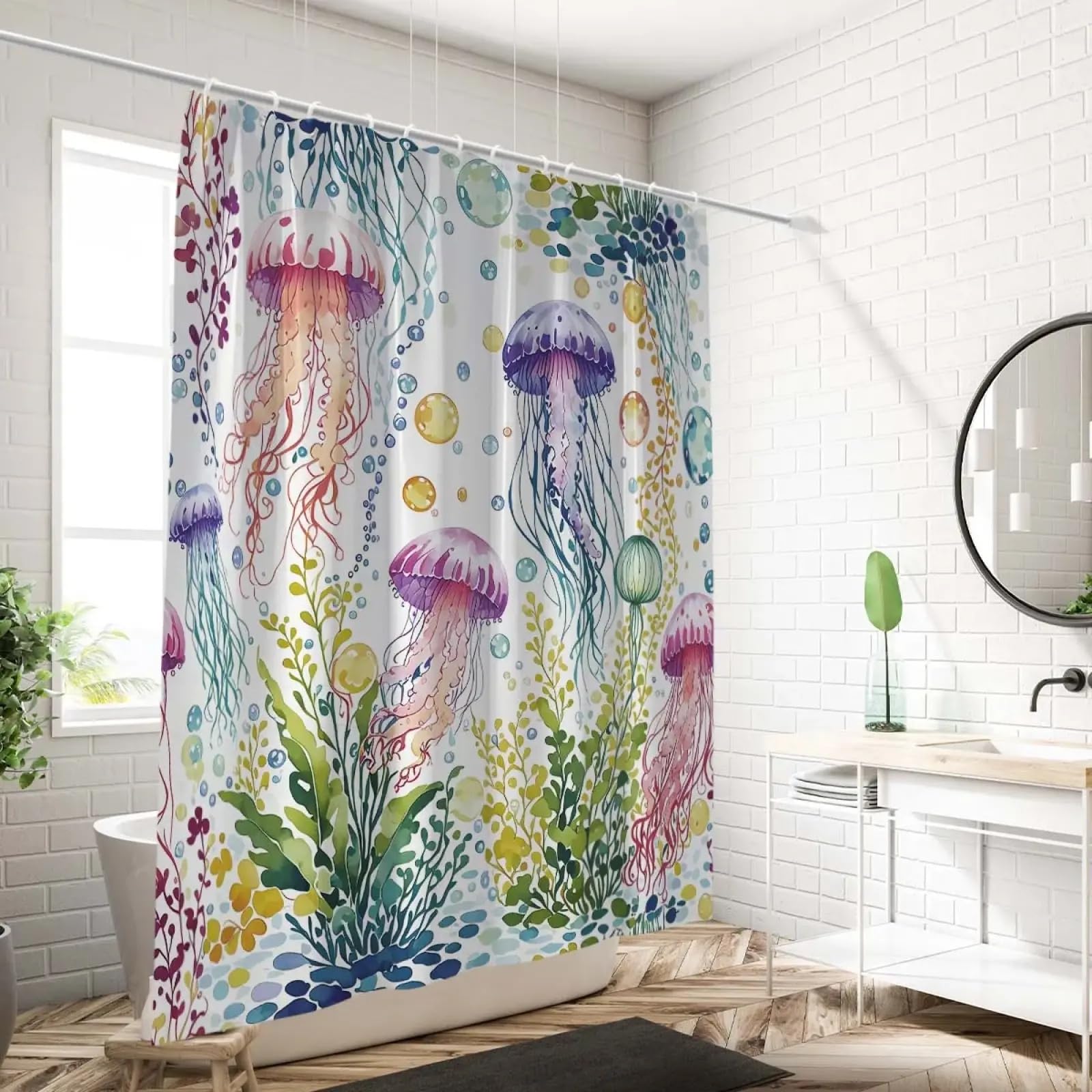 Rideau de Douche imprimé méduses, imperméable, avec 12 Crochets, pour Salle de Bain, Baignoire, Usage Domestique Tendance, 90 x 195 cm (l x H).