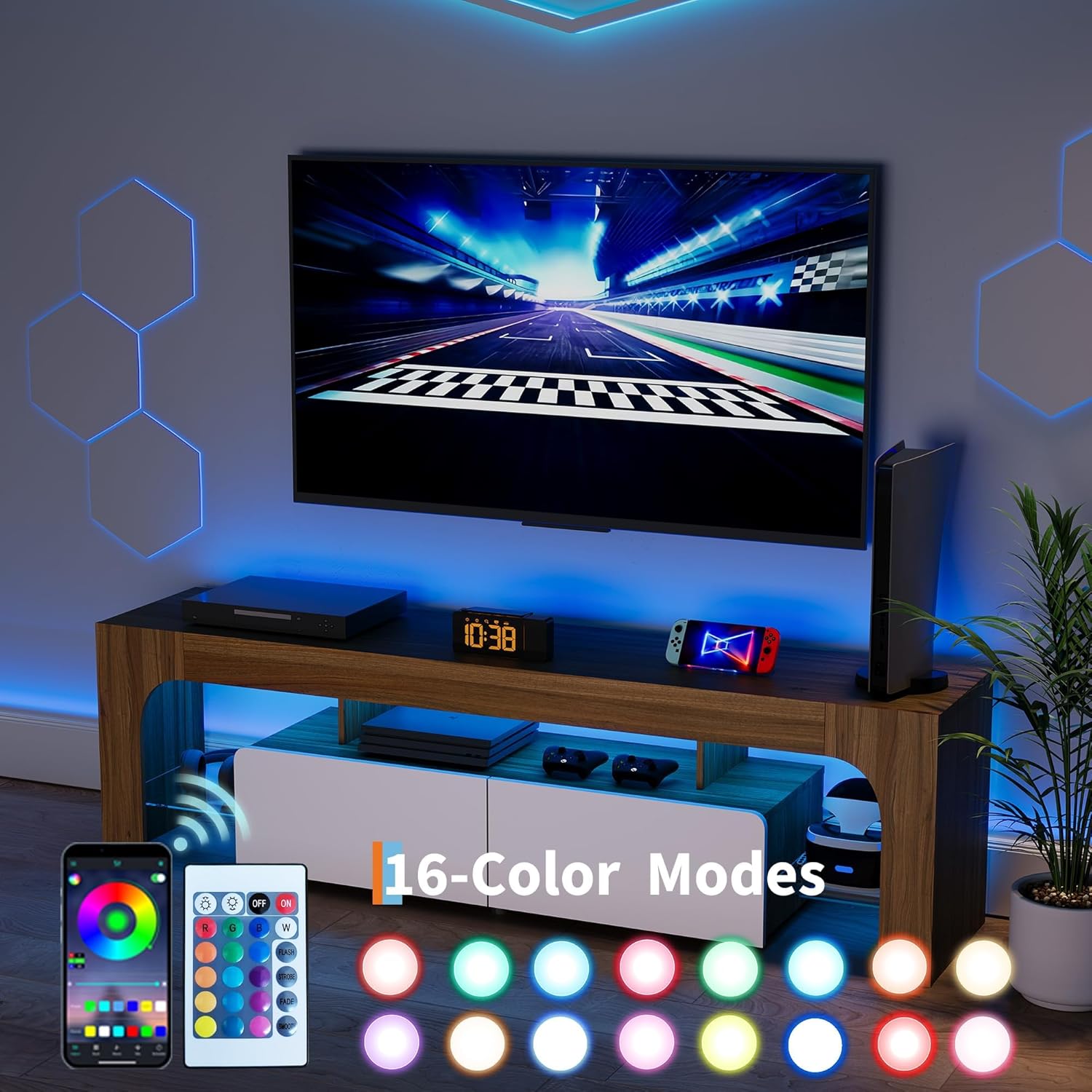 IDEALHOUSE LED TV Stand for 55 to 75 Inch TV, Walnut Entertainment Center with Storage Drawer & Glass Shelves, Modern TV Console Table with Color Changing Lights for Living Room Bedroom