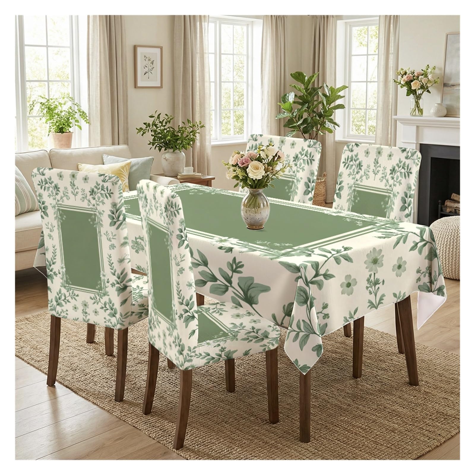 KXUAUV Green Botanical Print Stretch Dining Chair Covers Tablecloth Set, For Kitchen Dining Living Room Farmhouse Decor, 5/7 Pack Party Decor(5pcs Set: Tablecloth+Chair Covers)