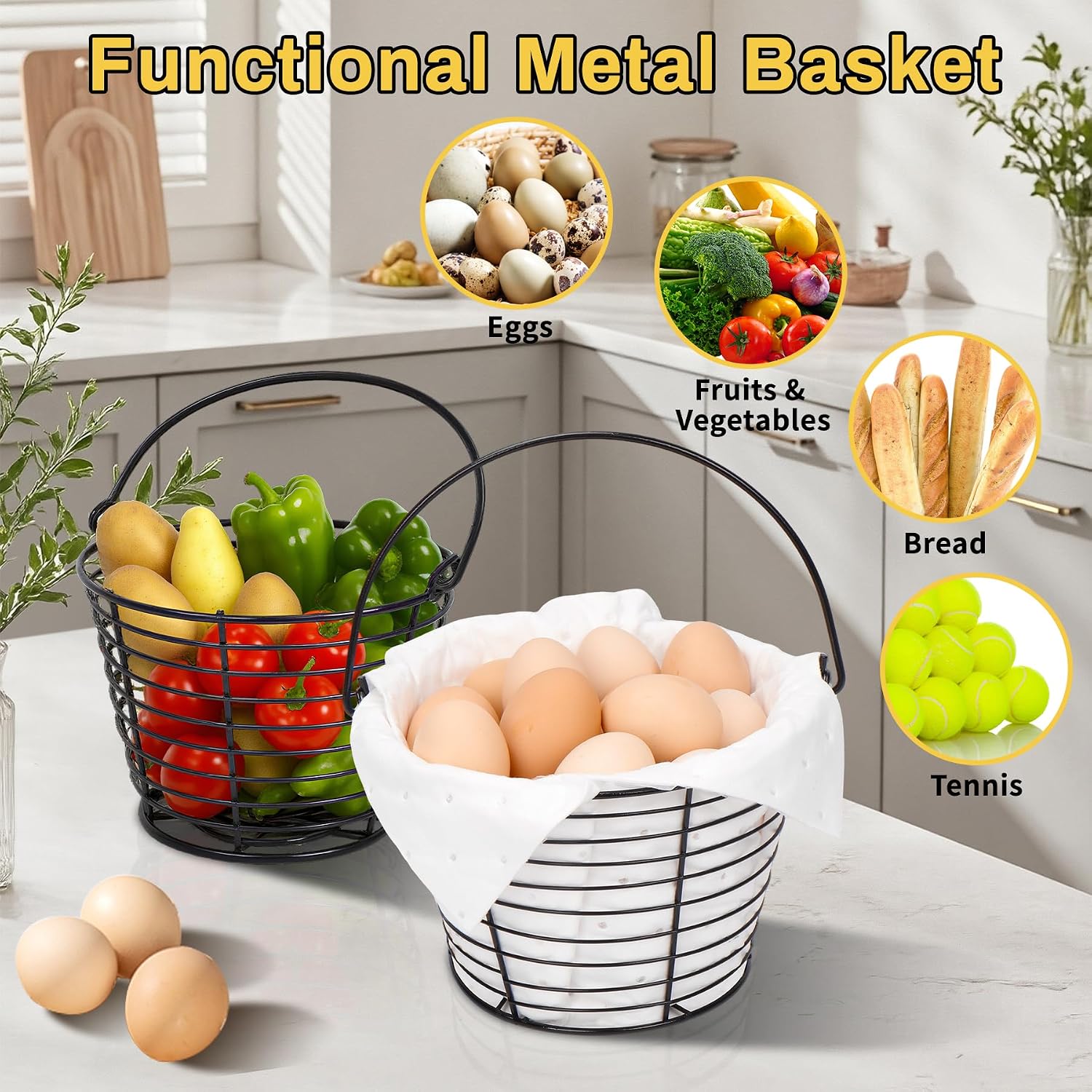 2 Pcs Metal Egg Basket with Soft Pads, 8 Inch Wire Egg Basket for Gathering Fresh Eggs, Eggs Collecting Baskets for Chicken Duck Goose