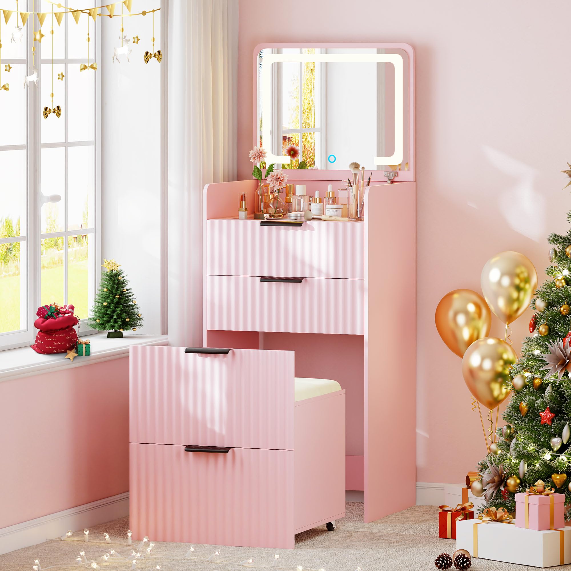 Amazon.com: Gurexl Fluted Small Vanity Desk with Mirror and Lights, 3-in-1 Compact Makeup Vanity Set with Hidden Storage Stool, Mini Dressing Table with 3 Drawers for Little Girls (Pink) : Home & Amazon.com: Gurexl Fluted Small Vanity Desk with Mirror and Lights, 3-in-1 Compact Makeup Vanity Set with Hidden Storage Stool, Mini Dressing Table with 3 Drawers for Little Girls (Pink) : Home &
