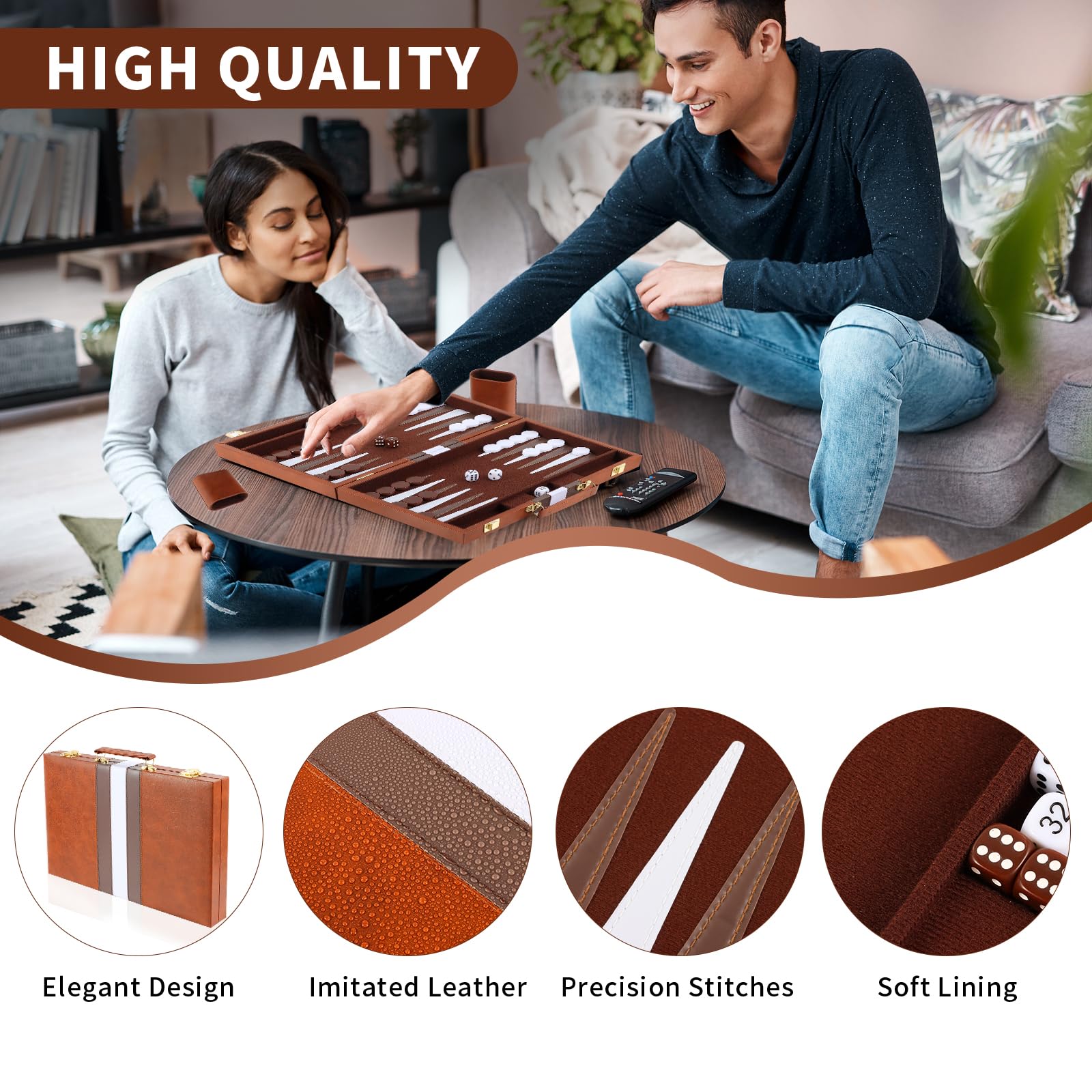 Vehipa 38cm Backgammon Koffer mit komplettem Zubehör für 2 Spieler (Braun) | Kunstleder Mit Tragegriff, Samtiges Innenfutter Geräuscharm, Becher, Spielsteine Und Würfel, Für Erwachsene