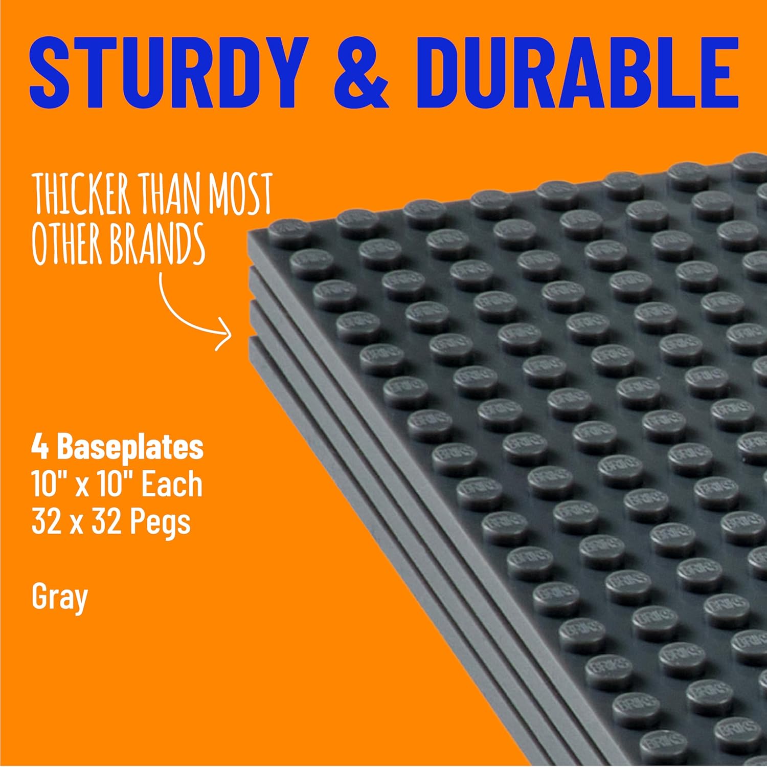 Strictly Briks Stackable Baseplates - 4 Pack Compatible with Classic Lego & Major Brick Brands, 10 x 10 in with 32 x 32 Studs, Toy Building Plates Boards, Kids Gift, Grey