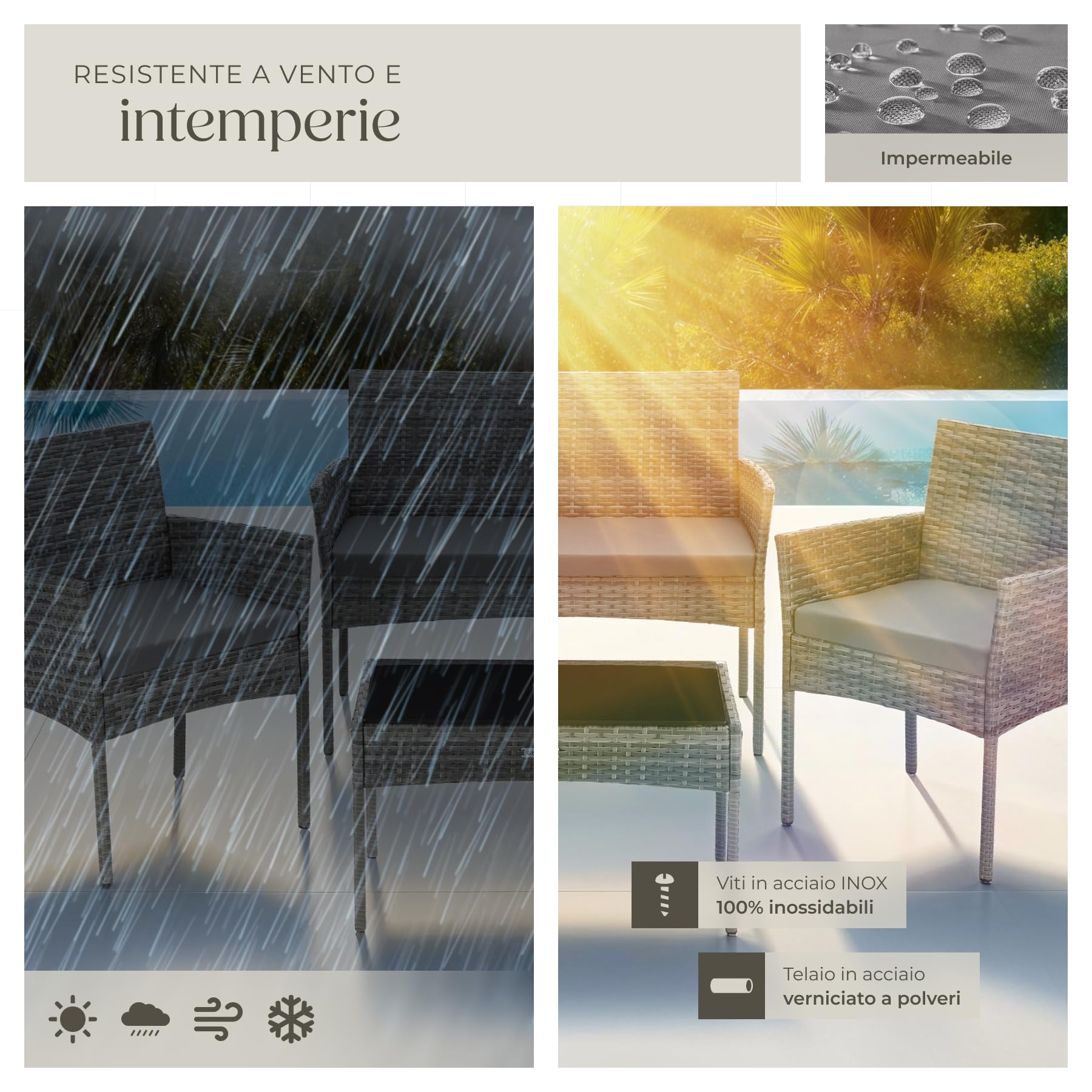 Tectake Set da Giardino in Rattan 4 Posti Polyrattan Resistente Cuscini Idrorepellenti Lavabili Tavolino Vetro di Sicurezza Grigio