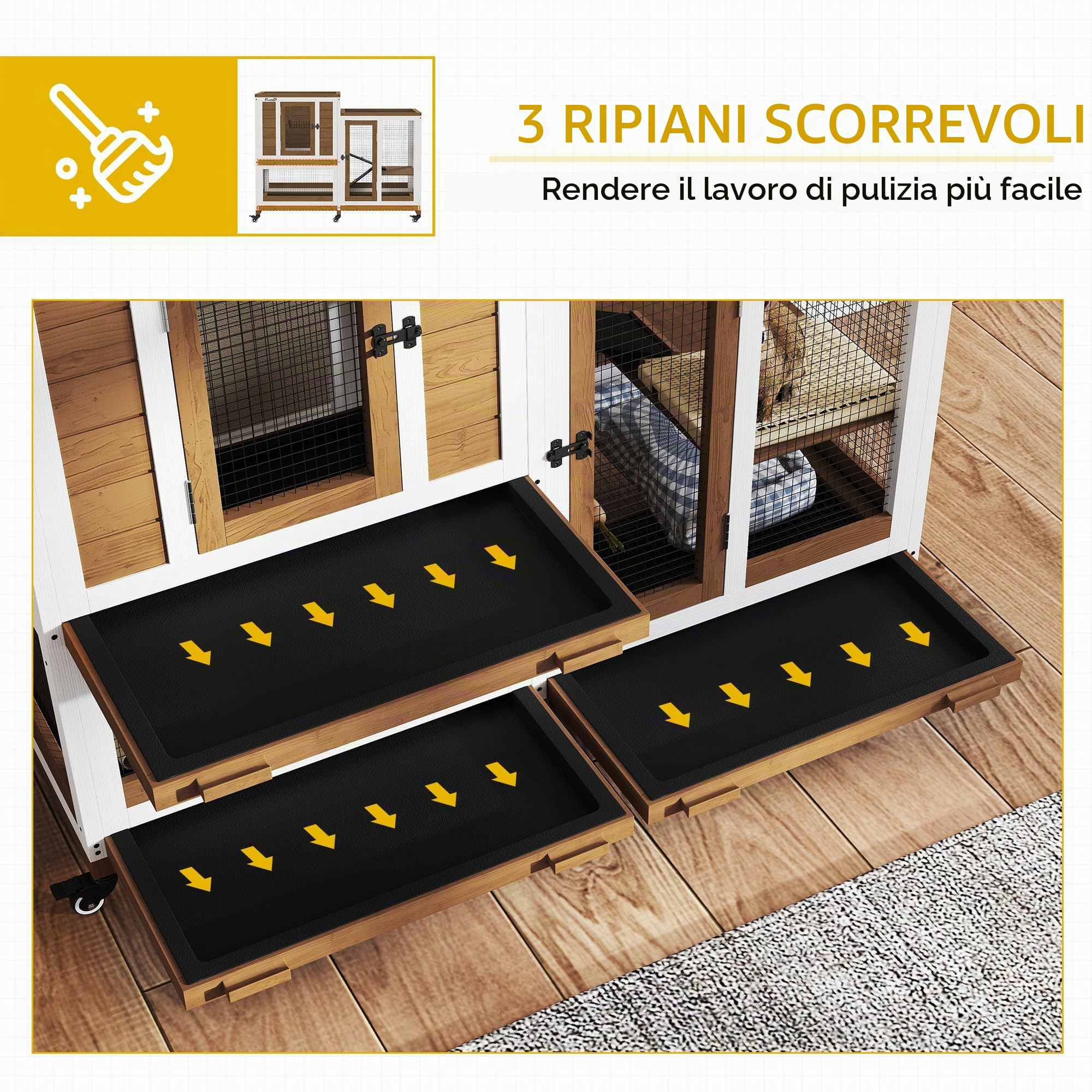 PawHut Gabbia per conigli interna su ruote legno 110x50x86 cm marrone