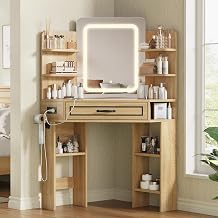 Corner Makeup Vanity Desk with LED Mirror and Charging Station,Natural Oak