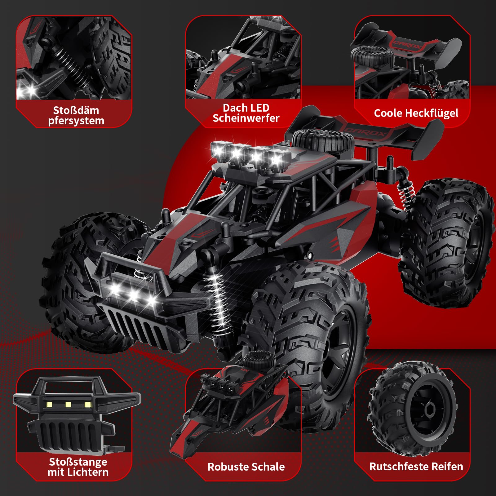 Carox ferngesteuertes Auto 2.4 GHz 25 km/h RC Auto 1:18 Off Road Monstertruck mit Scheinwerfer