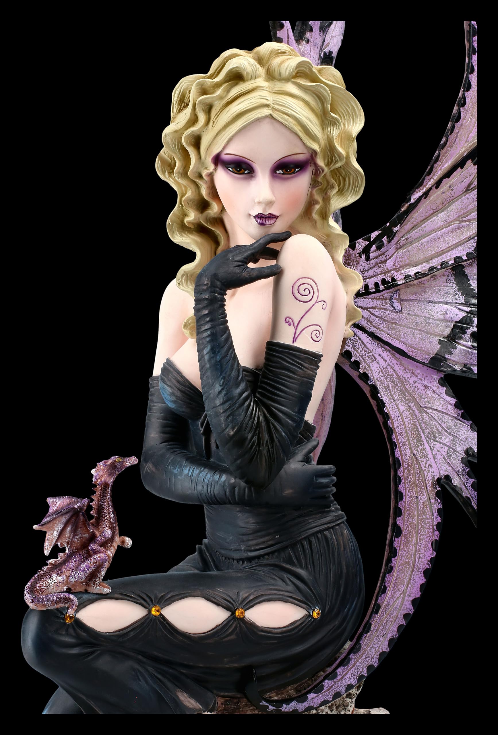 Elfo seducente Liliana con drago viola 50 cm, sensuale, biondo, abito scuro, statua d'elfo, figura fata
