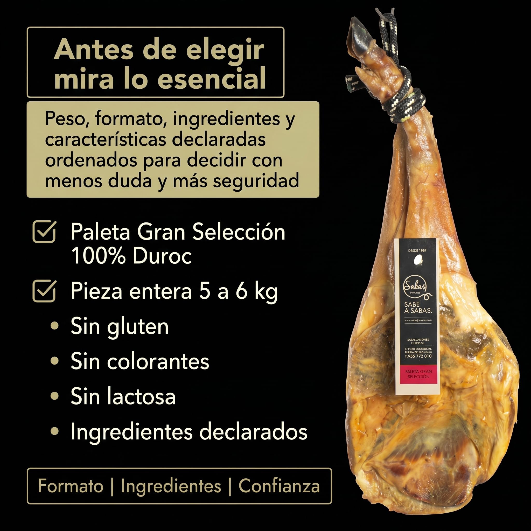 Paleta Duroc 100% Gran Seleccion Curada Pieza Entera 6 kg Paletilla | Peso 5,5 a 6 kilos, secadero natural y bodega, sin gluten, sin lactosa y sin colorantes; para tapas, tablas y regalo gourmet