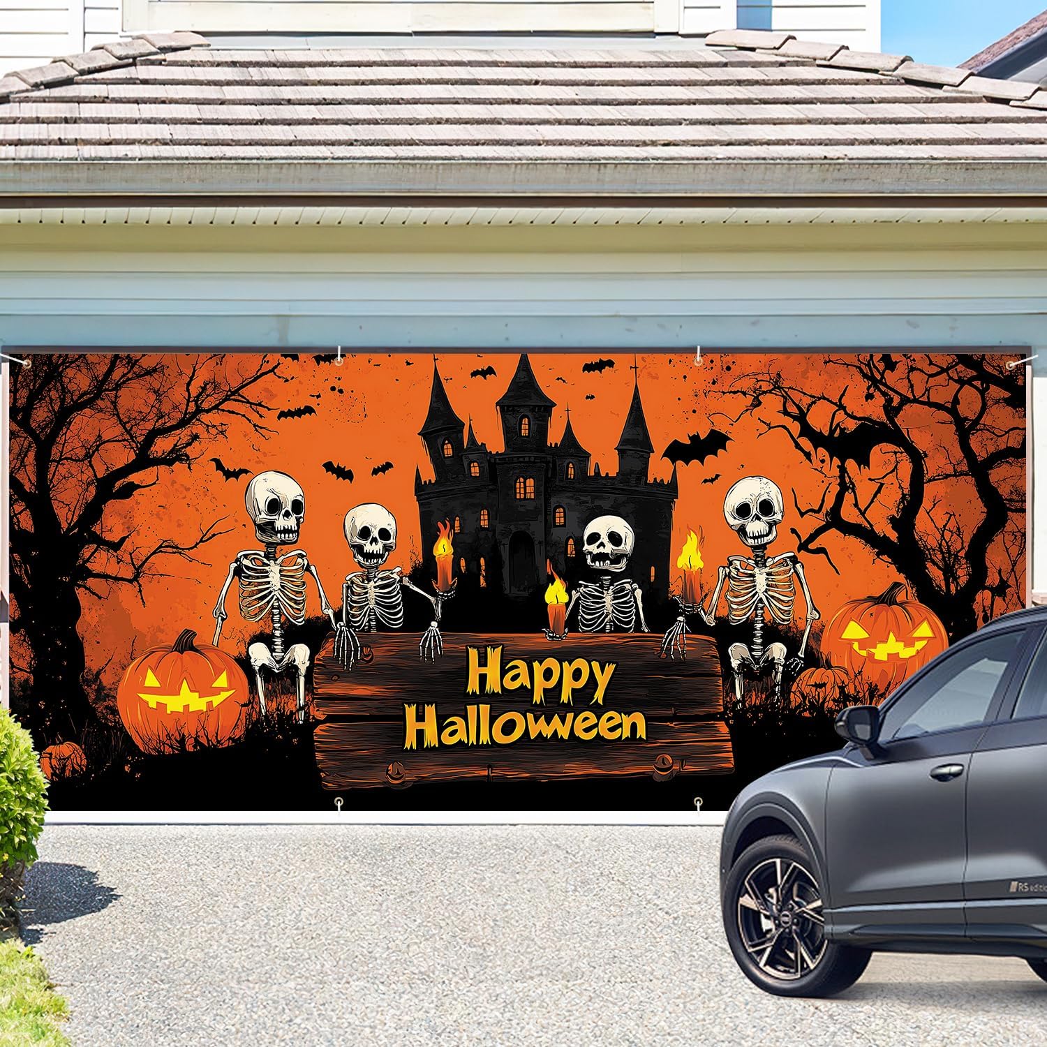 ANNA QUEEN Happy Halloween Skeleton Garage Door Banner 6 x 13FT, Spooky Halloween Scene with Skeletons Pumpkins Haunted Castle Outdoor Decoration for Parties Home Decor