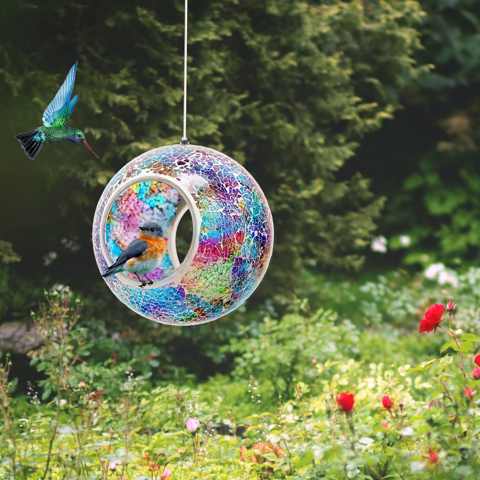 Comedero para pájaros con mosaico, comedero para pájaros para colgar en el exterior con comederos de vidrio de forma redonda para atraer pájaros silvestres para jardín, terraza, patio, patio