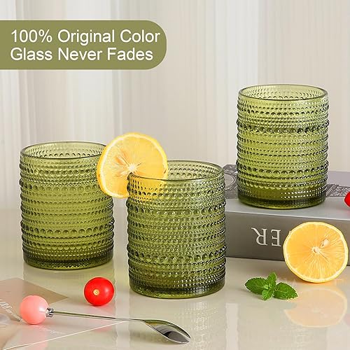 Miniatura 3 de Juego de vasos de vidrio vintage de 6 vasos de vidrio de hobnail de 12 onzas, vaso de agua verde en relieve, para cerveza, cóctel, whisky, jugo y