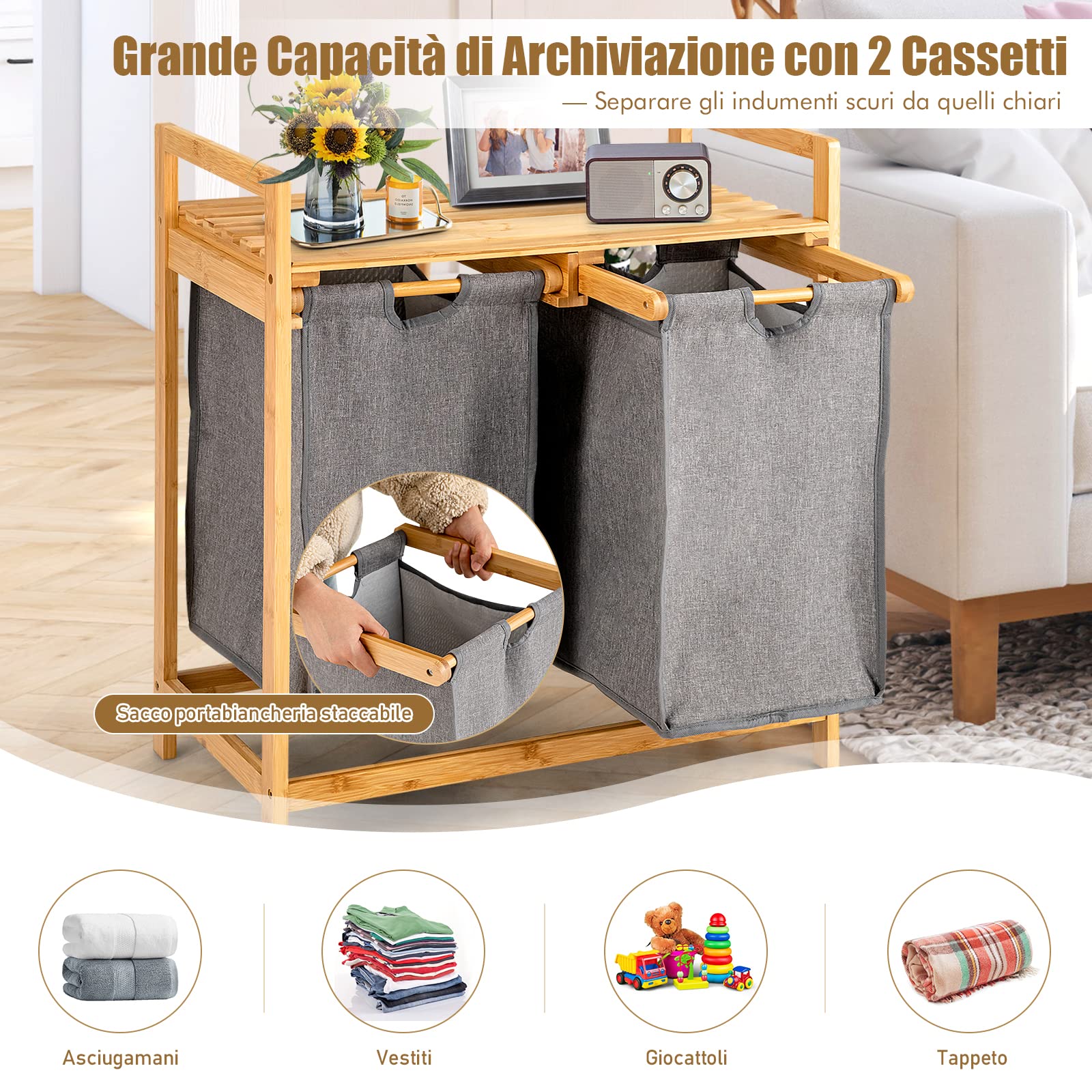 COSTWAY 70 L Cesto della Biancheria Sporca in Bambù Ecologico Naturale, Portabiancheria Sporca a 2 Scompartimenti con Borse Rimovibili, Anti-odore e Durevole, per Bagno e Lavanderia (Grigio)