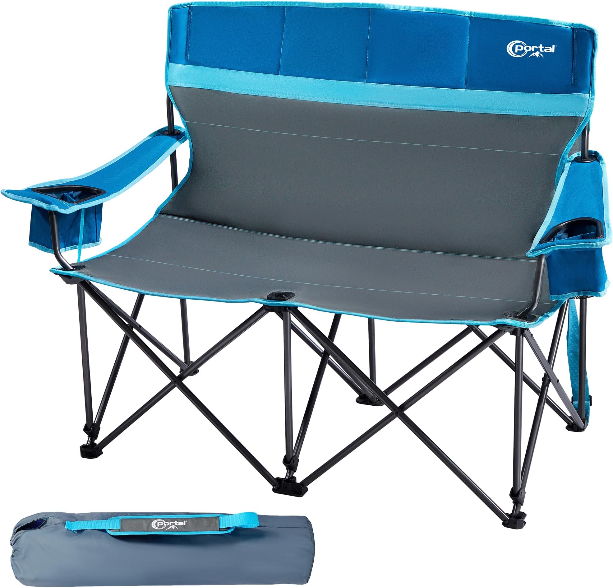 Portal 2 Person Camping Loveseat Folding Double Duo Camp Chair for Adults High Back Outdoor, Support 500 lbs, Blue