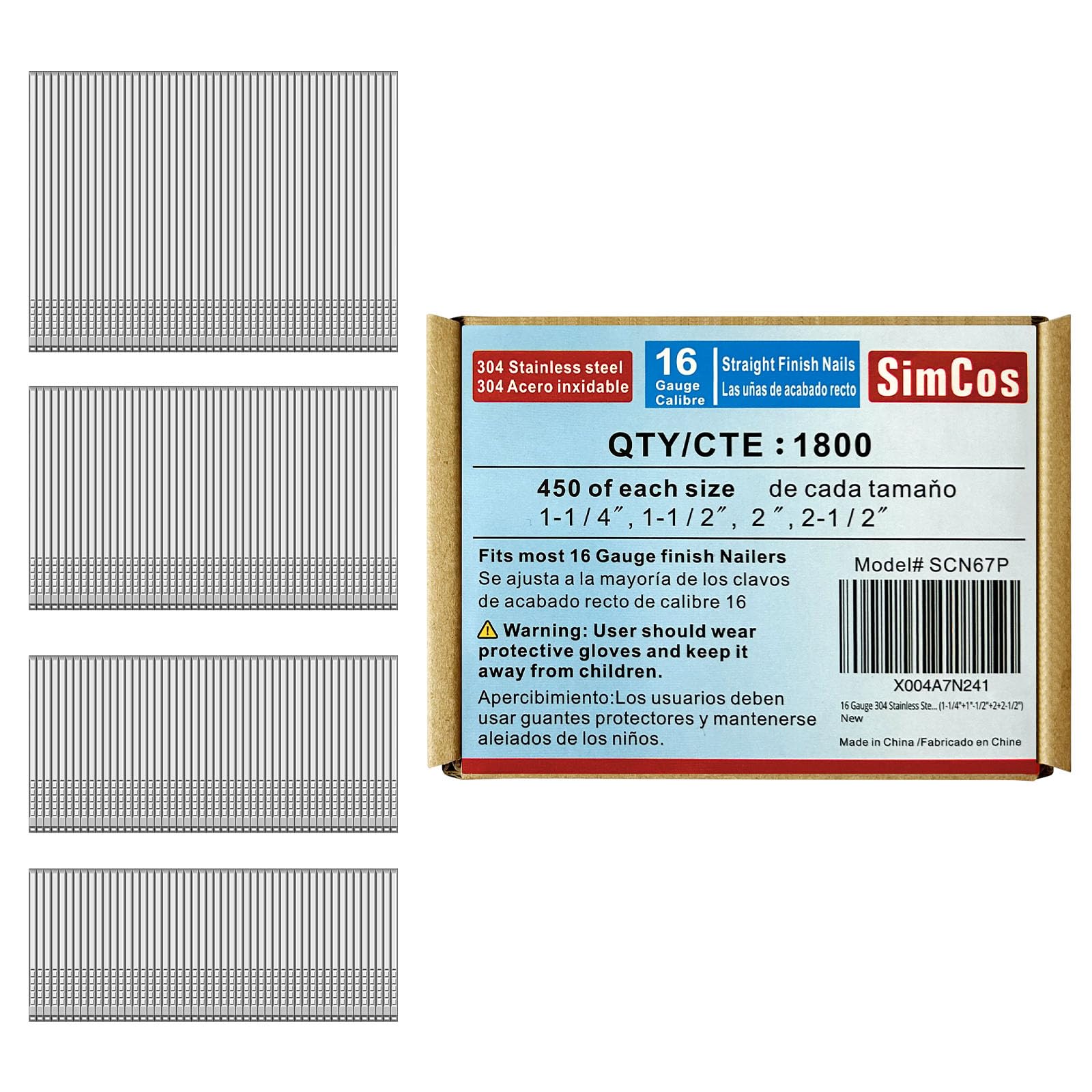 16 Gauge 304 Stainless Steel Straight Finish Nails, Assorted Size Project Pack for Pneumatic, Electric Finish Nailer or Nail Gun (1-1/4"+1"-1/2"+2+2-1