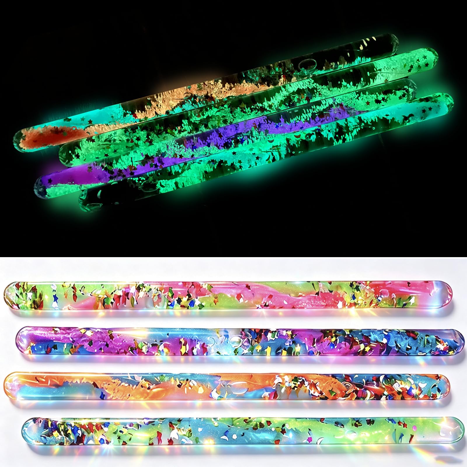 Omuyasi 4Pcs Jumbo Spiral Glitter Wands for Kids, Sensory Sticks for Party Bag Fillers, Glow-in-the-Dark Autism Sensory Fidget Toys, Magic Wands for Princess Fairy & Wizard Party, 30cm Long
