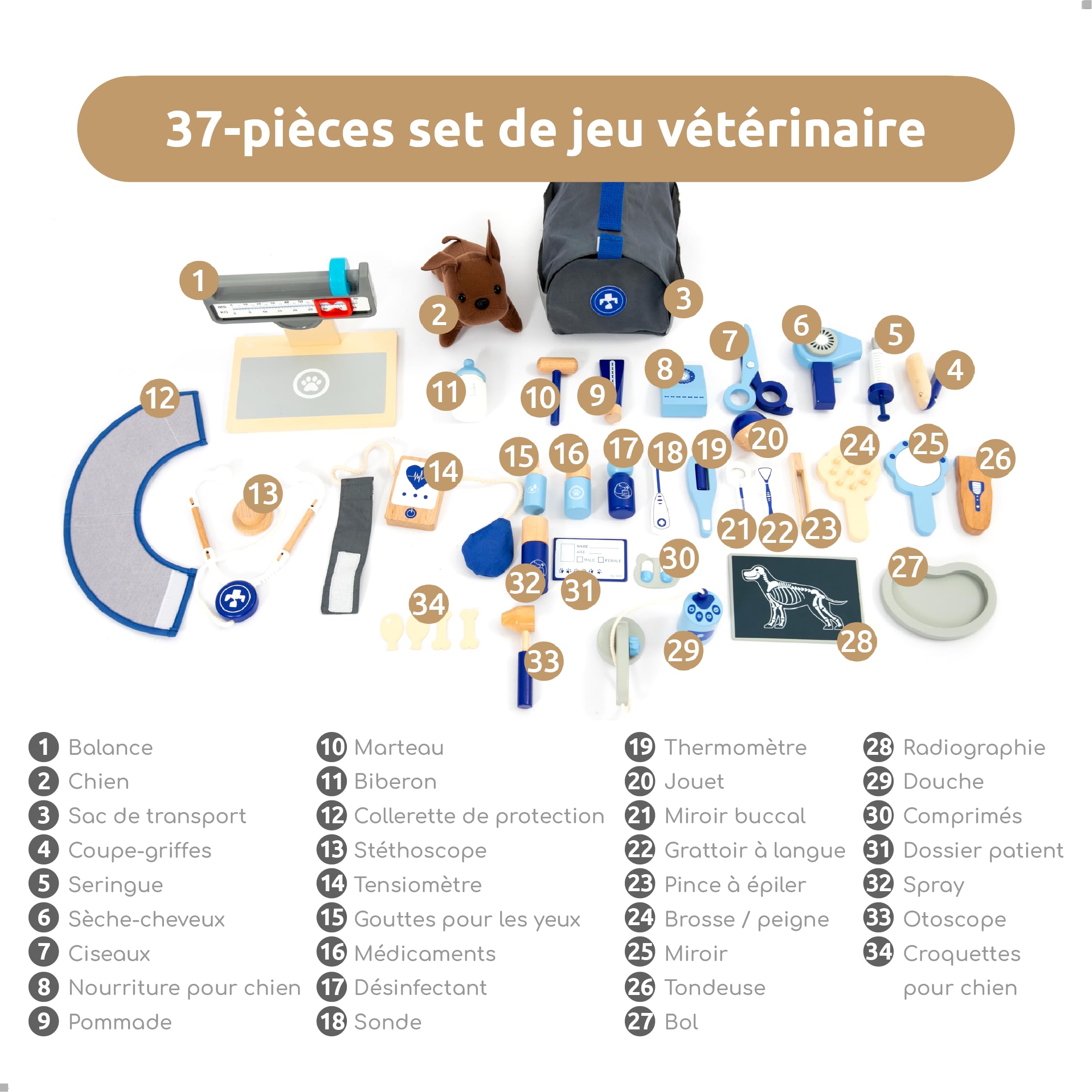 UMU® Jeu de vétérinaire pour Enfants en Bois avec modèle de Chien, stéthoscope, tensiomètre, etc., Jouet vétérinaire pour Le Jeu de rôle, Set de 37 pièces pour Les Filles et garçons de 3, 4, 5 Ans