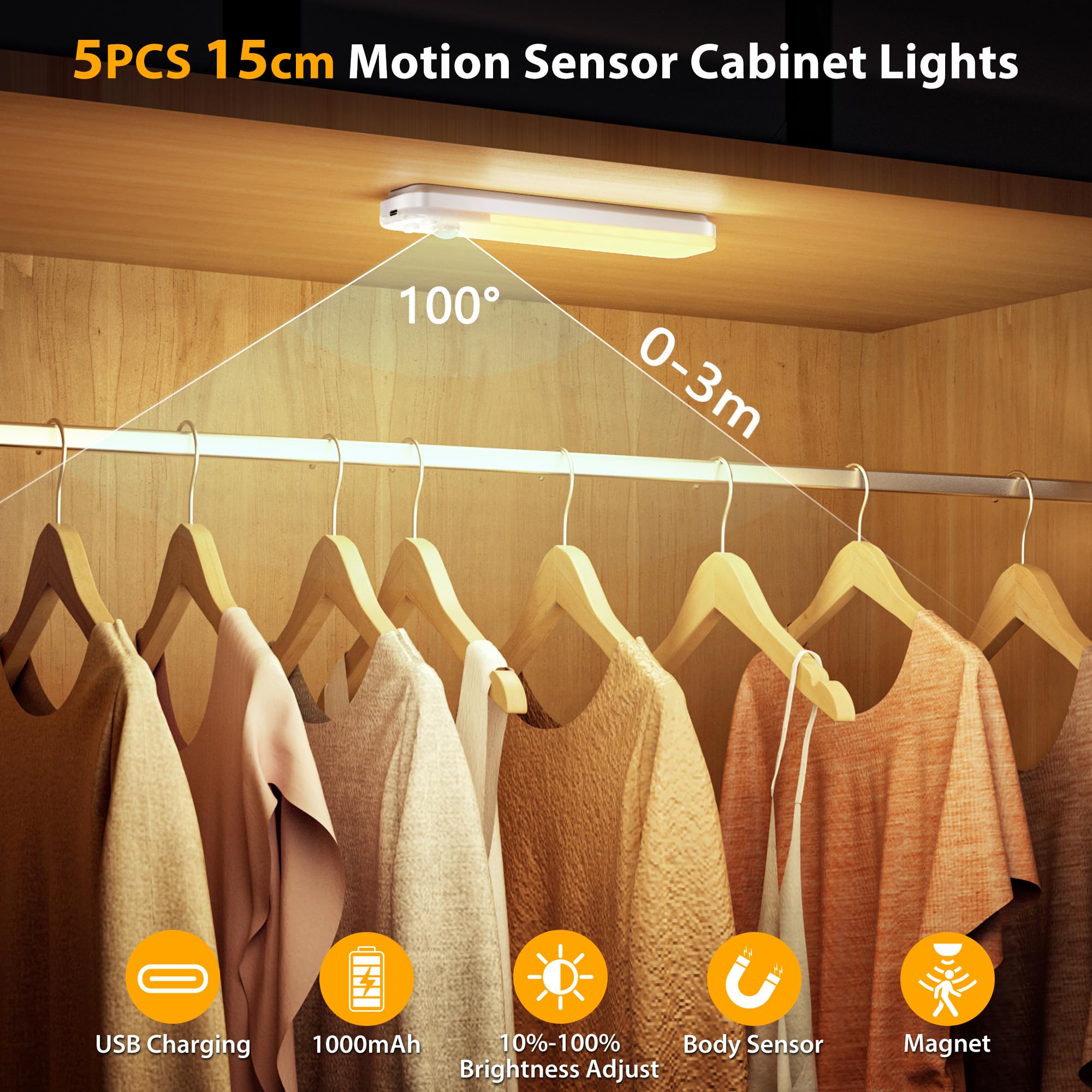 Led Sottopensile Cucina, 5 Pezzi 15cm Armadio Led con Sensore di Movimento, 3000K Dimmerabile Luce Armadio per Scale Corridoio Garage Letto - Bianco Caldo