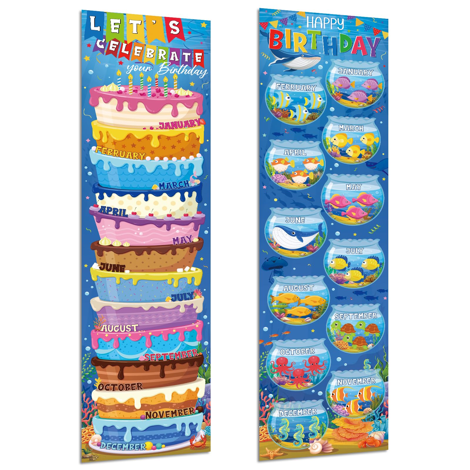 Containlol 2 Pcs Ocean Birthday Chart Posters for Classroom 39 x 11 in Birthday Classroom Decorations Ocean Theme Bulletin Board Set Fish Under the