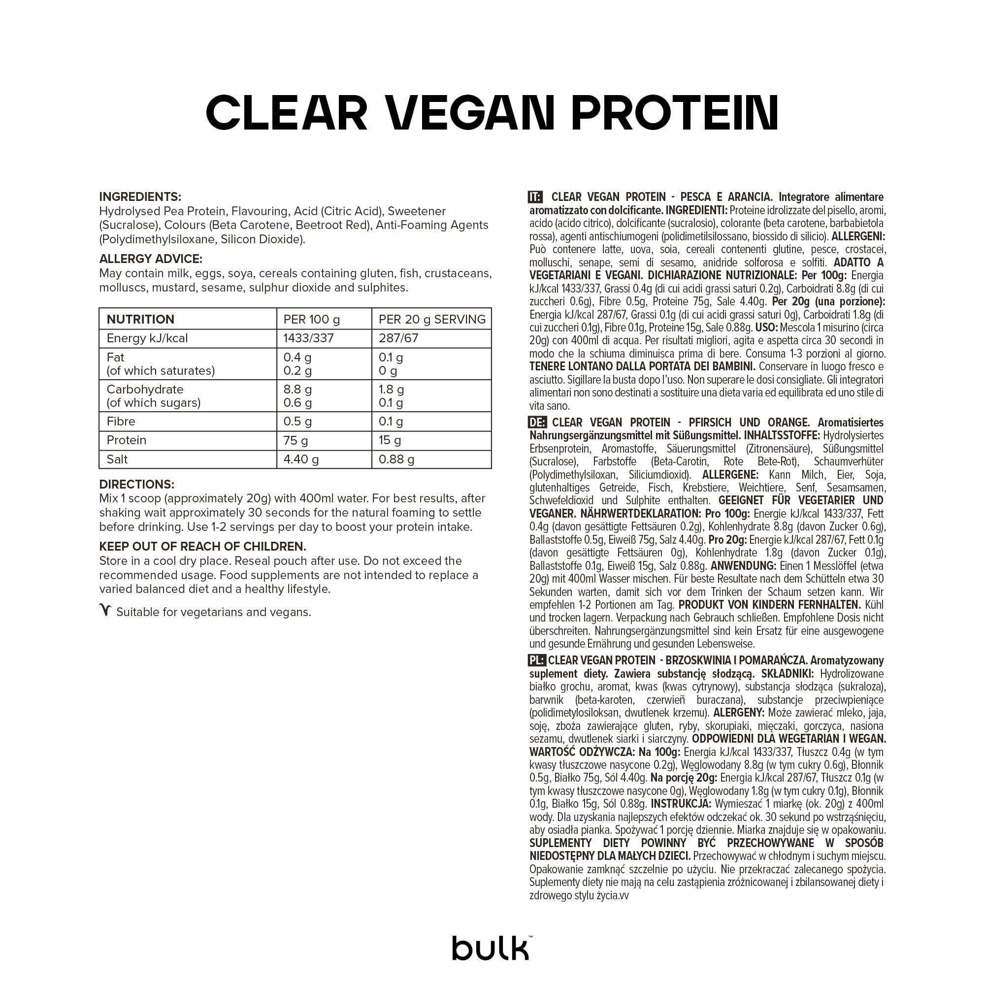 Bulk Clear Vegan Protein Shake de protéines en poudre pêche et orange, 300 g, l'emballage peut varier