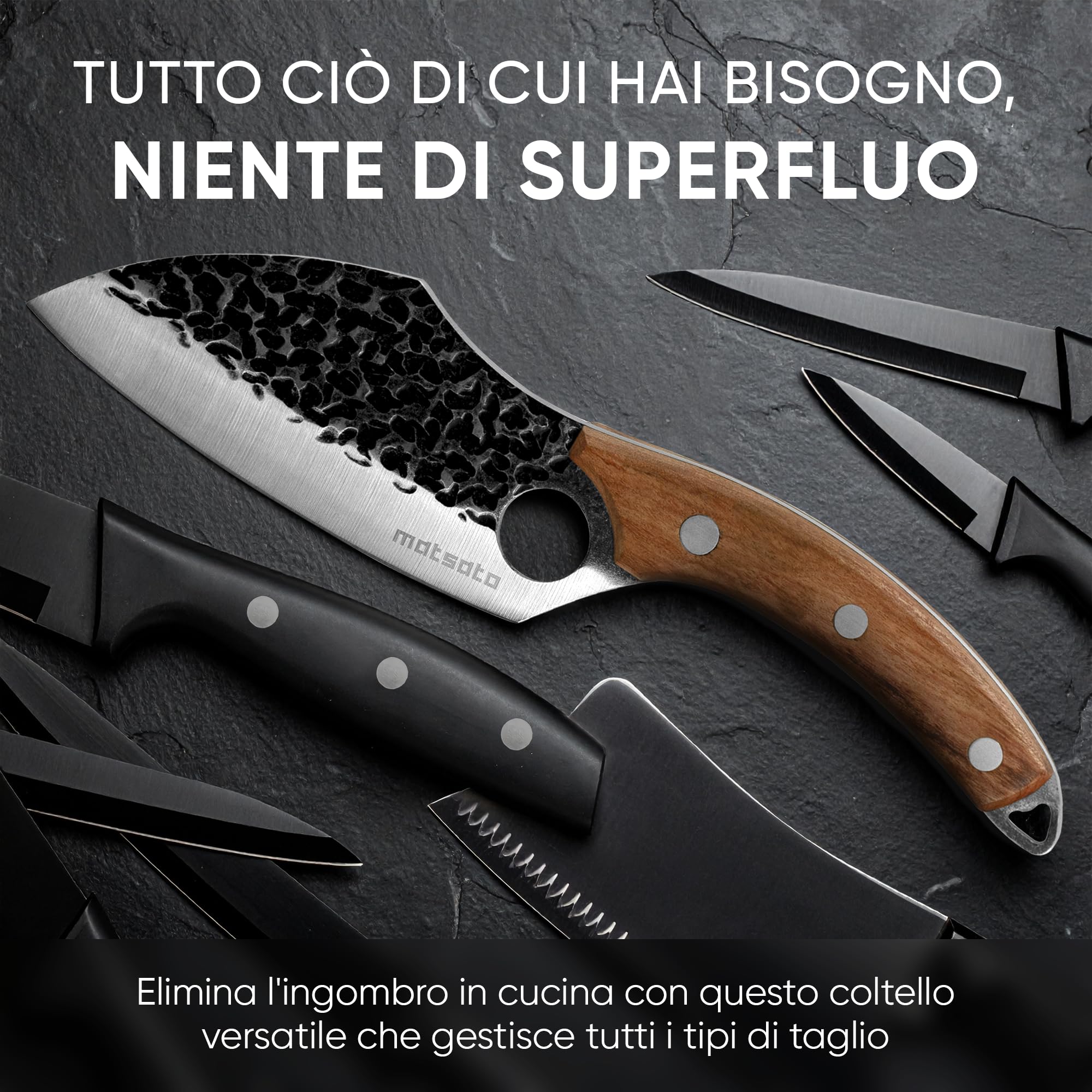 Matsato Coltello da Cucina Professionale in Acciaio Giapponese - Coltello Chef con Lama da 16 cm, Manico in Legno di Faggio - Ideale per Cuoco e Accessori Barbecue