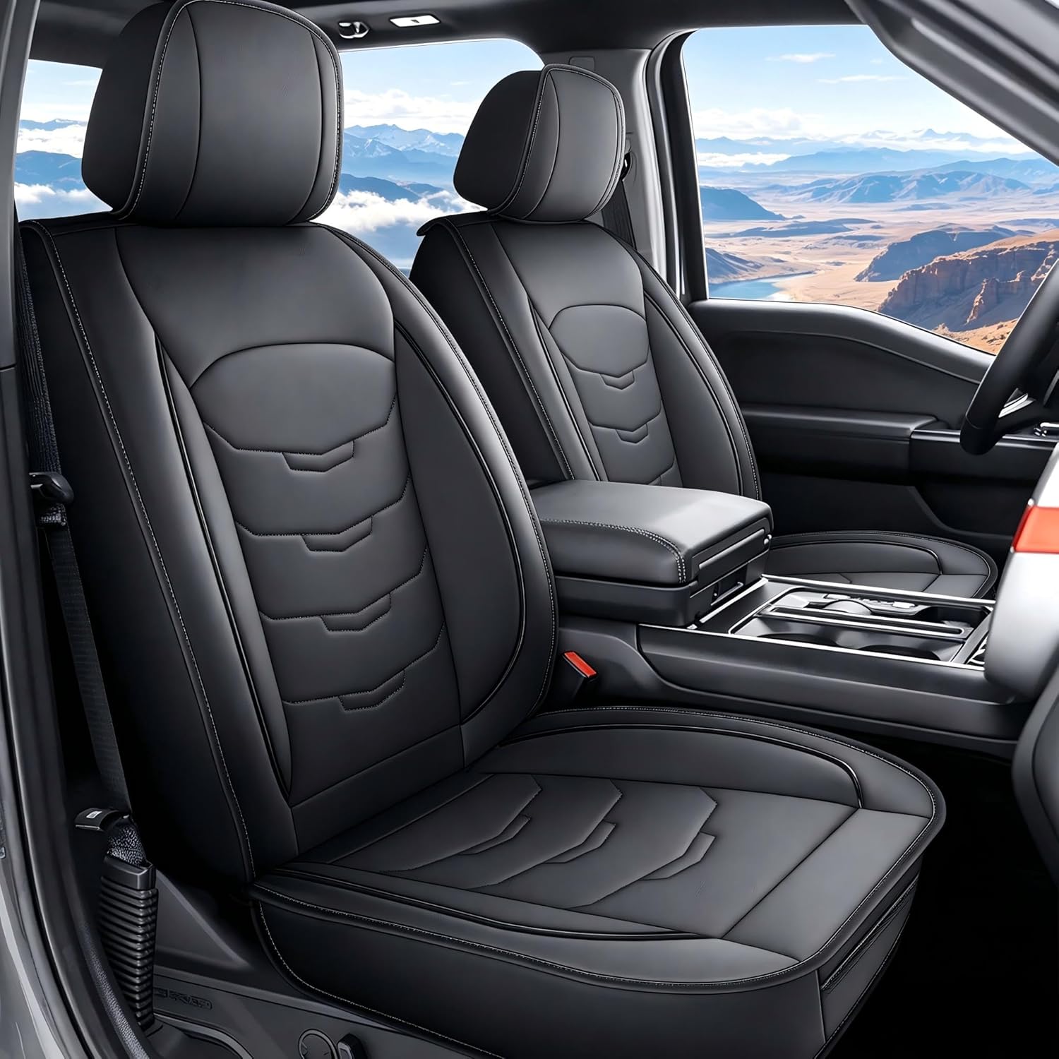 Full Surround Leather Seat Protector Fit Ford F150 SuperCrew 2009-2026 Lightning,F250/F350/F450 2017-2026 King Ranch Platinum Tremor SVT Raptor, Airbag Compatible Full Set, Black