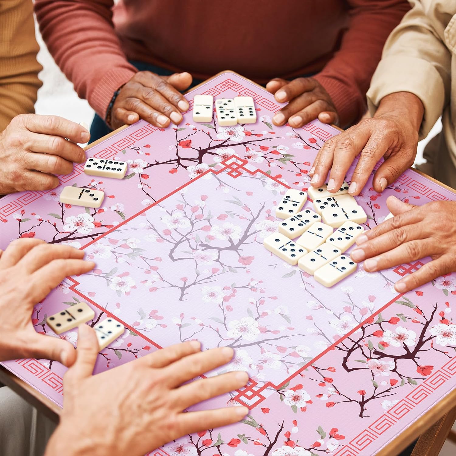 Chinoiserie Mahjong Mat Pink White Floral Design 31.5 x 31.5 Inch Gaming Mat with Black Carrying Bag Rubber Anti Slip Noise Reduction Table Cover for Mahjong Poker Board Games Dominoes Tile Card Game