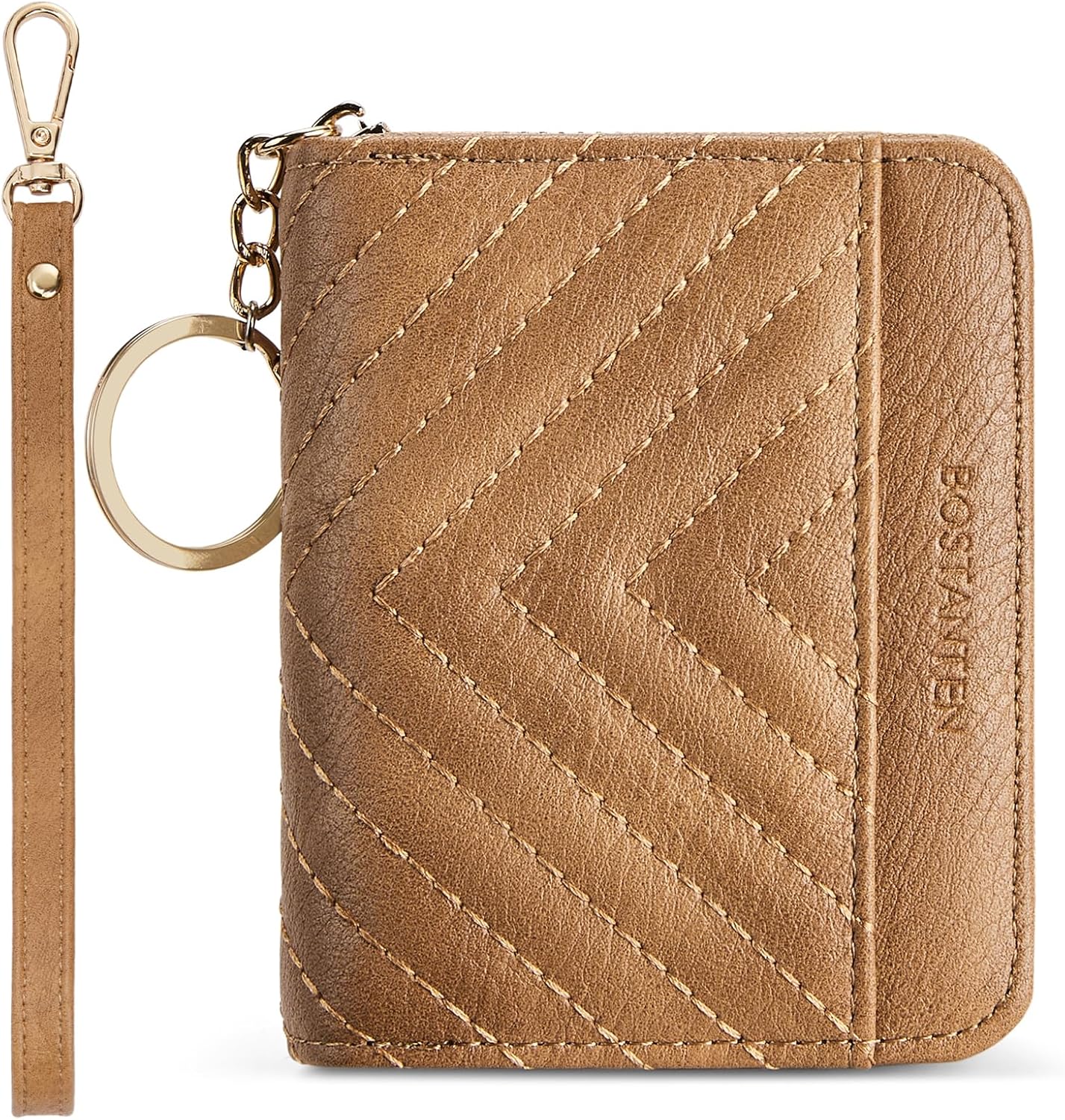 BOSTANTEN Credit Card Holder Wallet RFID Blocking Leather Small Wallet for Women Zipper Keychain Wallet with Wristlet Camel