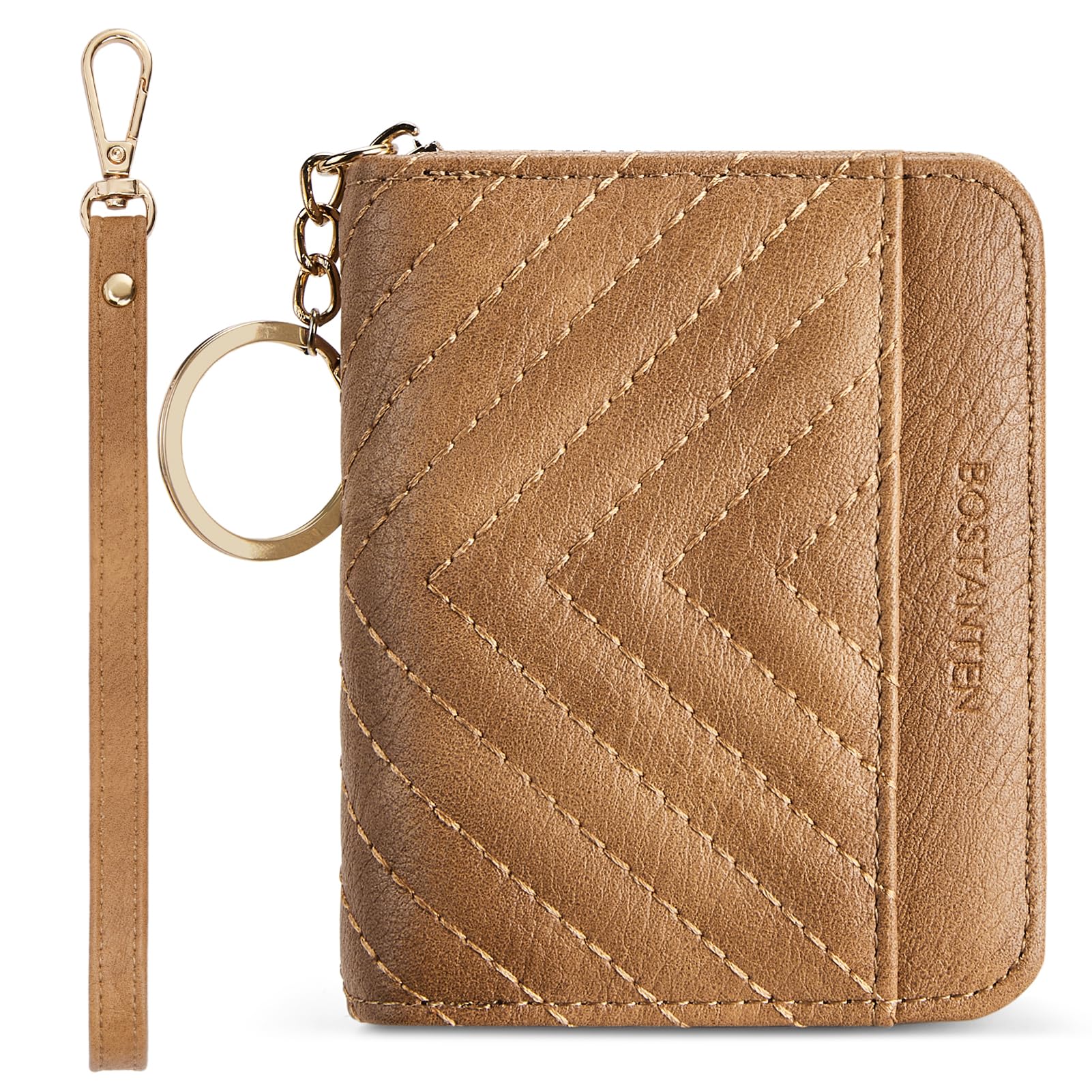 BOSTANTEN Credit Card Holder Wallet RFID Blocking Leather Small Wallet for Women Zipper Keychain Wallet with Wristlet Camel