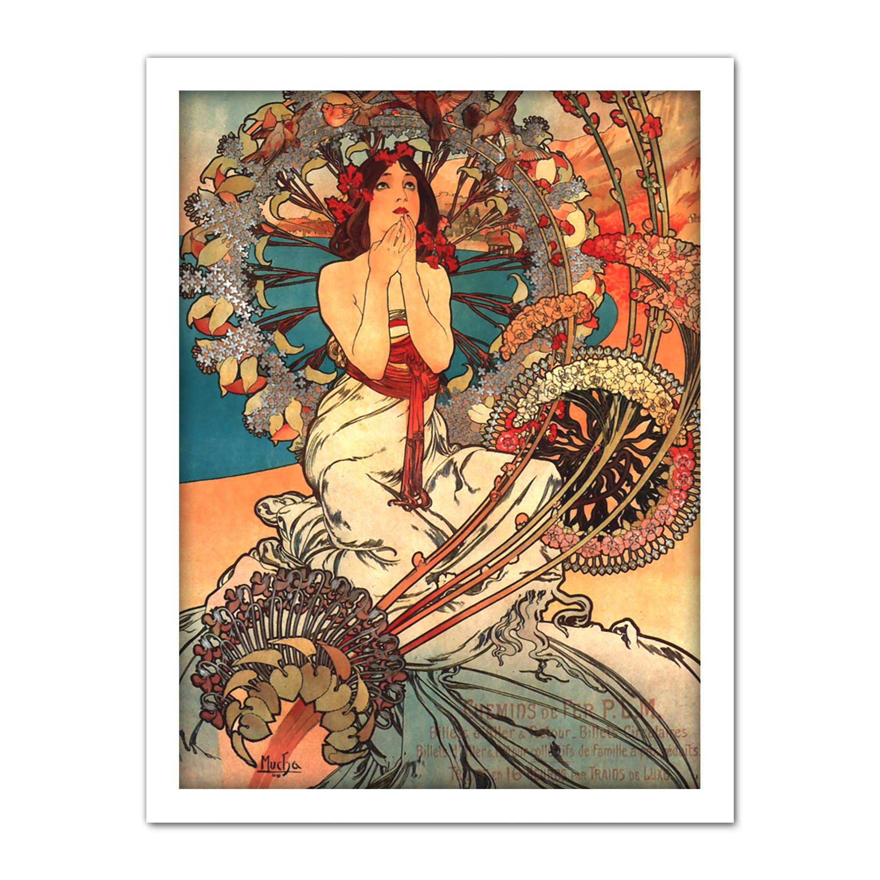 Wee Blue Coo Mucha Art Nouveau Woman Floral Artwork Framed Wall Art Print 18X24 Inch
