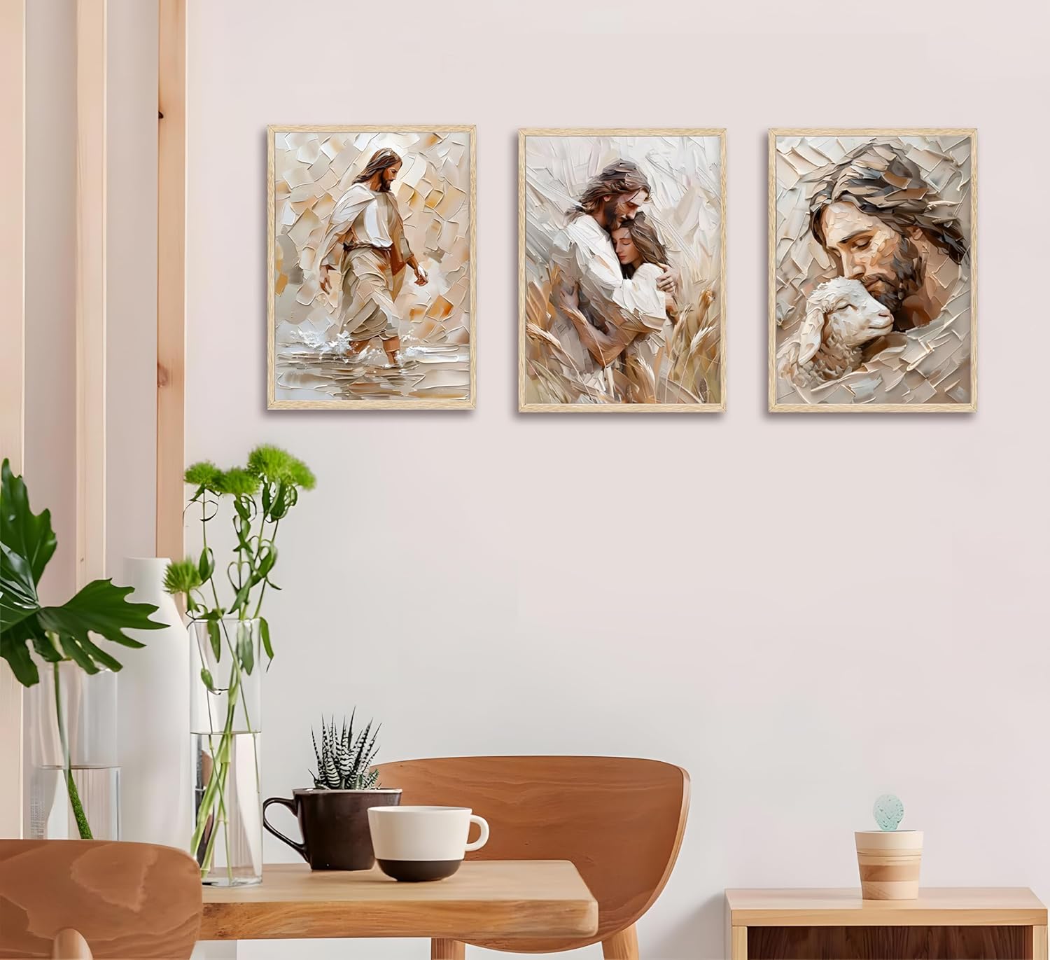 FJKLRP 3pcs Jesus Wall Art Beige Texture Oil Paintings Christian Canvas Prints Poster Good Shepherd Embracing Walking on Water Religious Wall Decor For Bedroom Living Room Church Home Decor Unframed