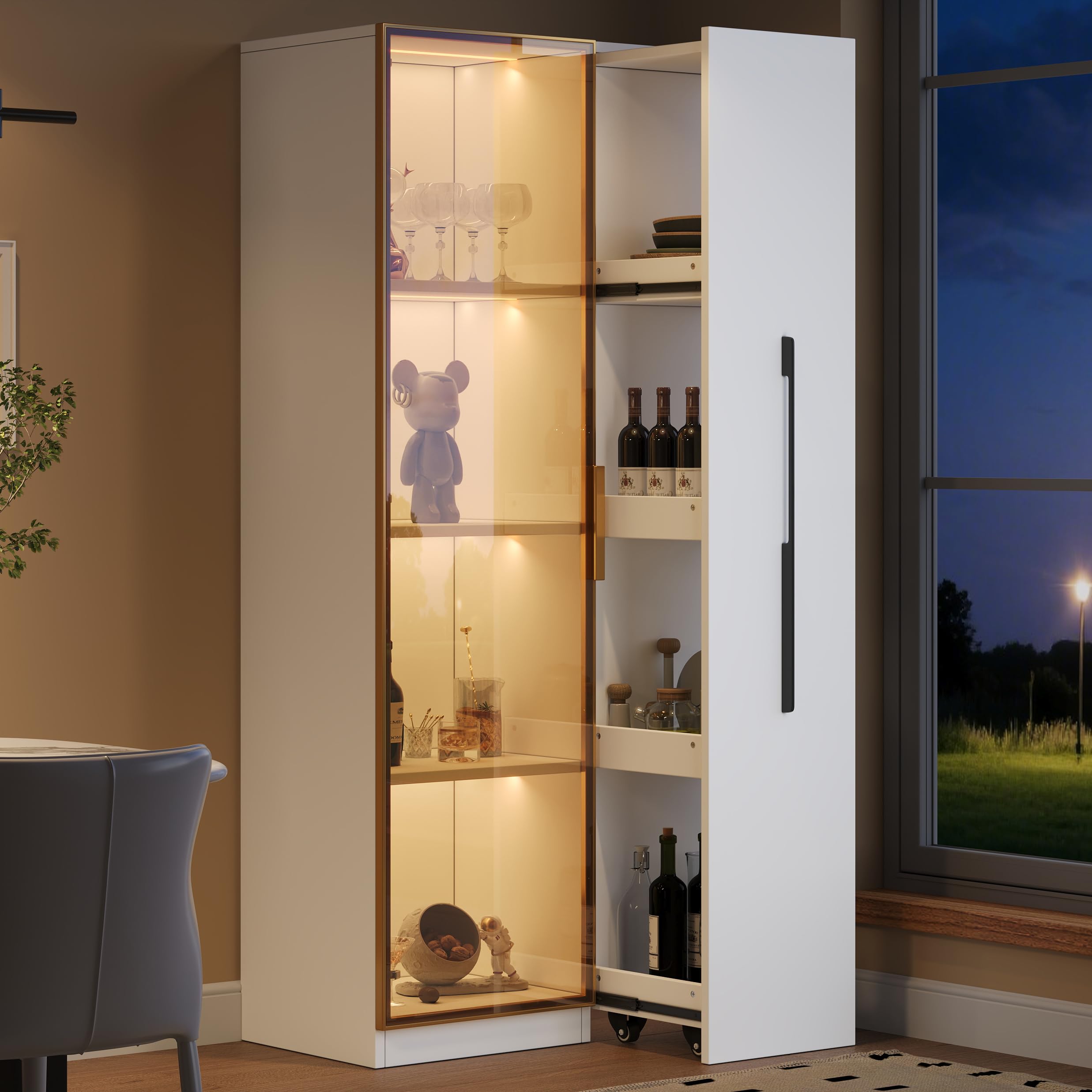 Vetrina di 70×40×160 cm con ante in vetro, cassetti laterali e illuminazione a LED integrata. Un mobile elegante e versatile, cantinetta per vini, libreria o mobile da sala da pranzo.