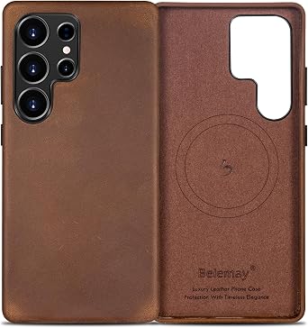 Belemay Leather Case for Samsung Galaxy S25 Ultra Compatible with Magsafe, Premium Crazy Horse Leather [Vintage Aesthetic] Unique Patina, Comfort & Soft Grip, Metal Buttons, Classic Brown
