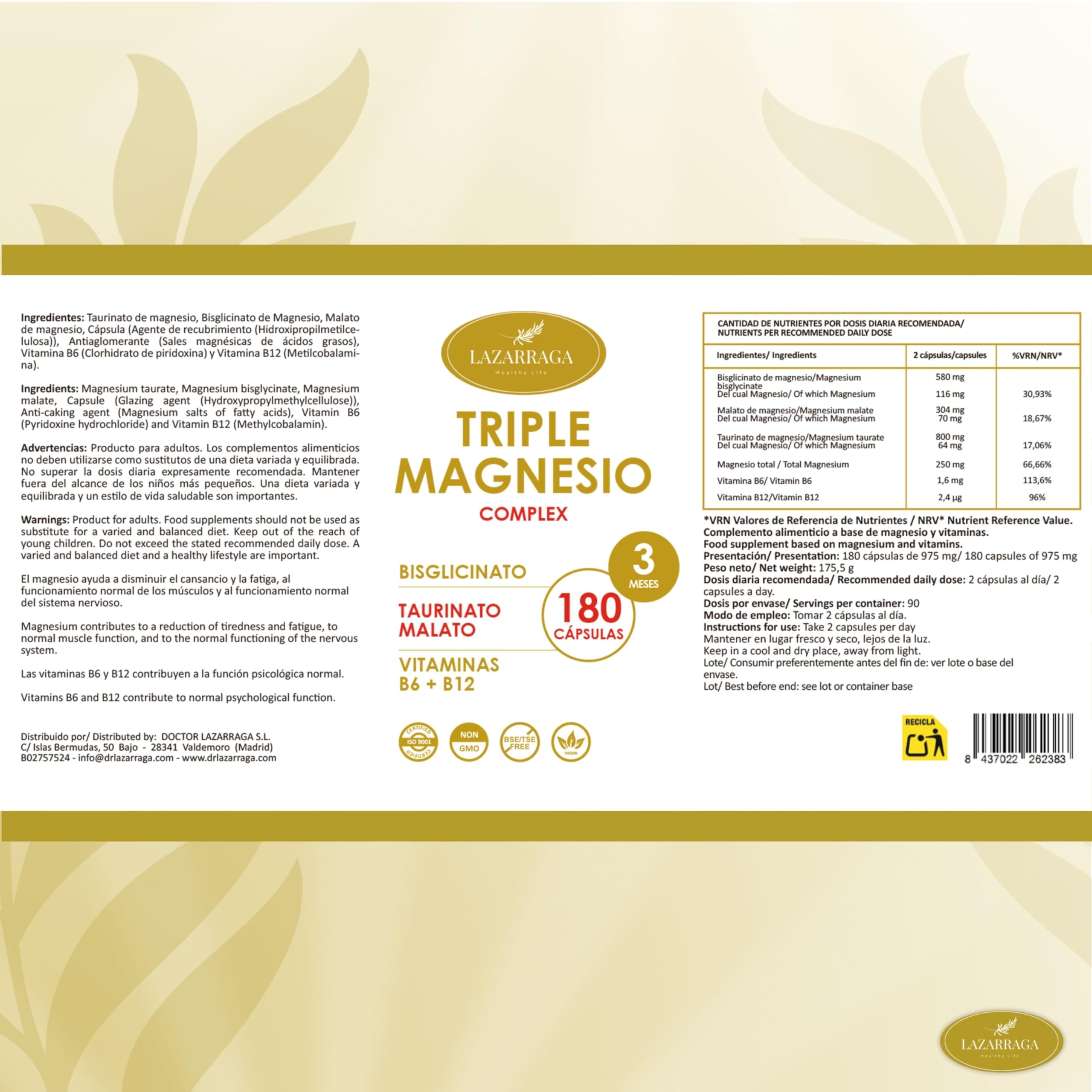 TRIPLE MAGNESIO COMPLEX 5 EN 1 | Bisglicinato + Taurinato + Malato + Vitaminas B6 y B12 | 250 mg Magnesio Elemental Diario | 180 Cápsulas Veganas | 3 Meses | Suplemento Premium | Energía y Vitalidad