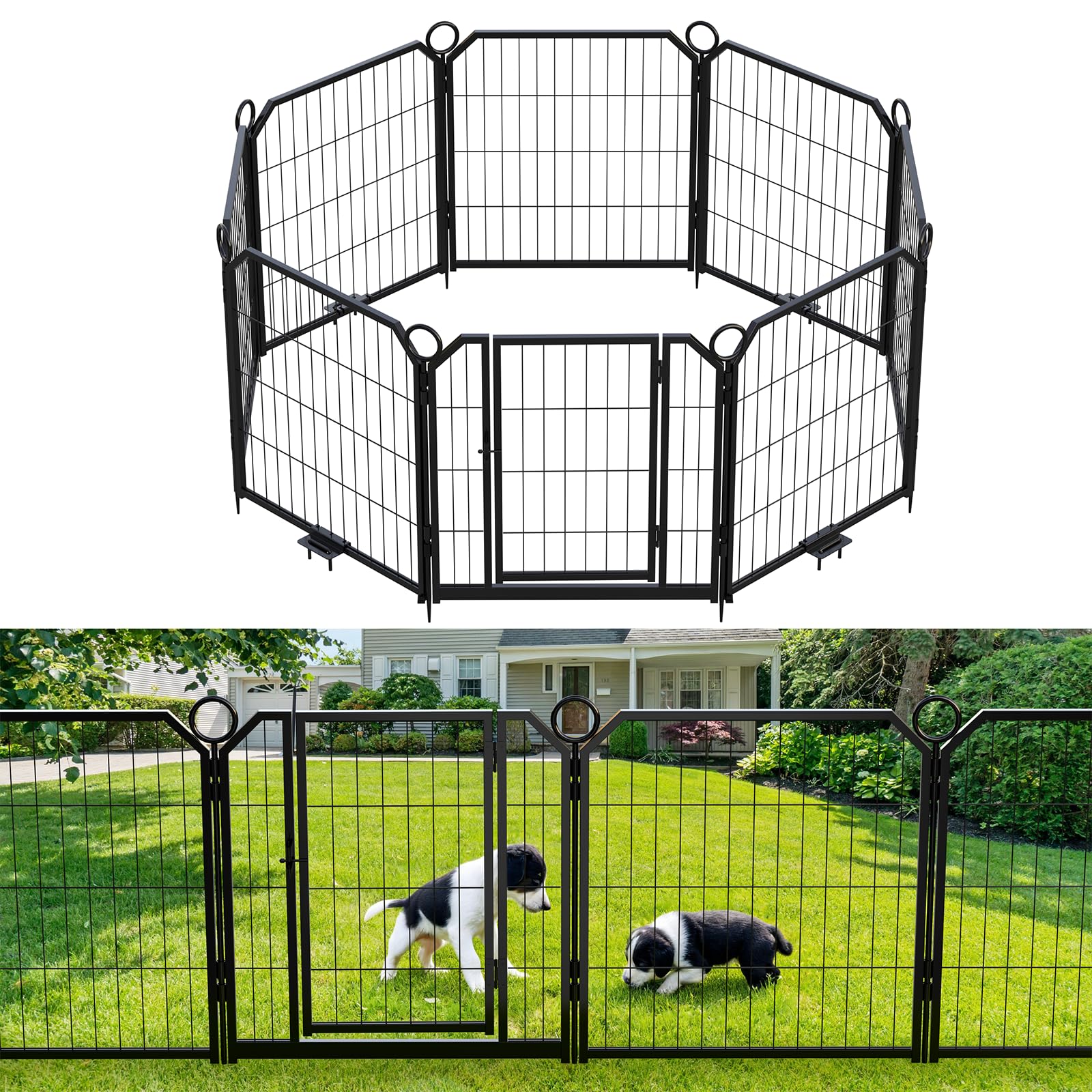 GarveeLife Dog Playpen Outdoor, 8 Panel Dog Fence with Gate for Yard,Pet Exercise Pen for Rv Camping Garden for Puppy and Small Dogs with Fixed Stakes(24 in), Black, 8 Panels, 24 Inch