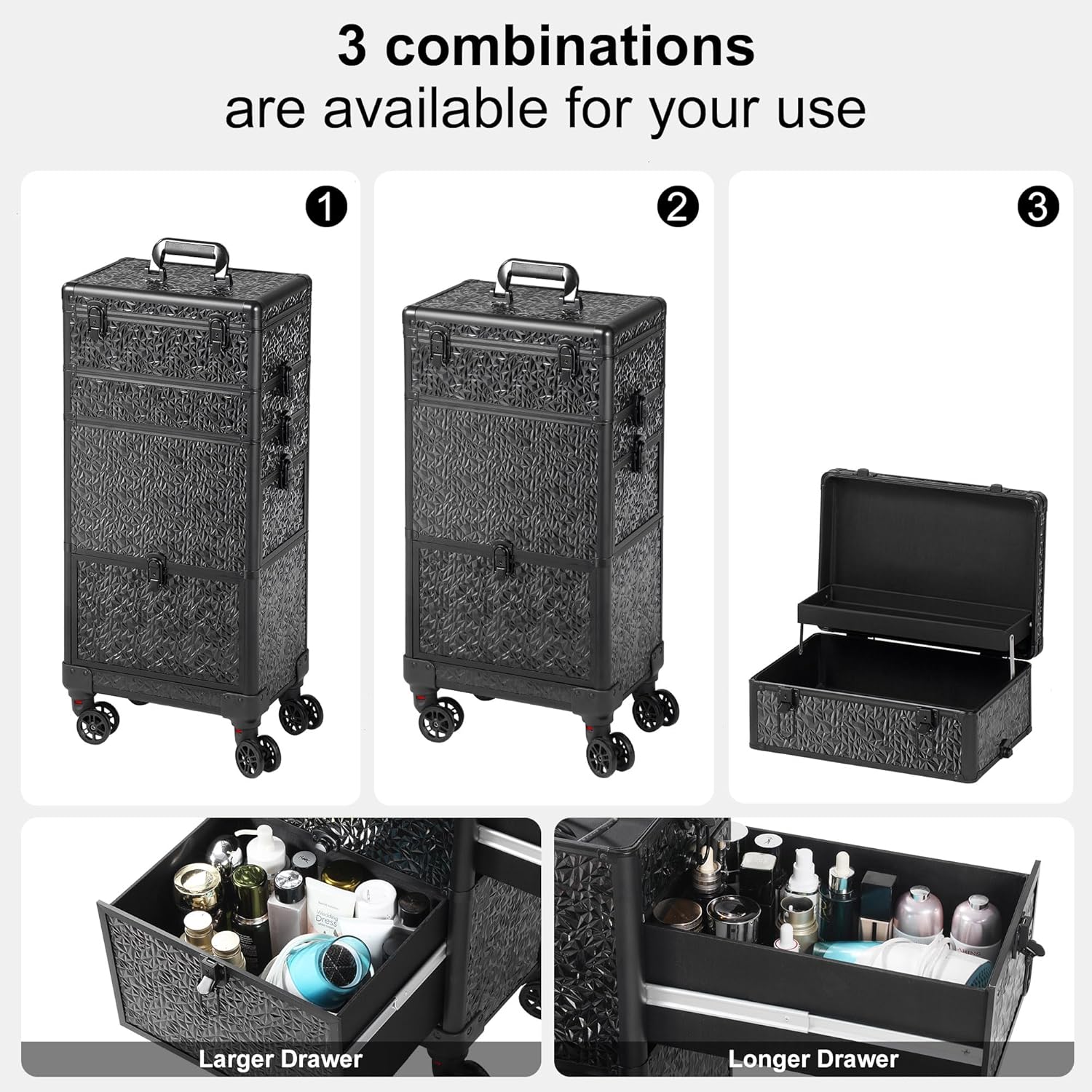 Rolling Makeup Case with Large Drawer, Makeup Train Case with Tray, Cosmetology Case on Wheels, Travel Makeup Case Organizers, Professional for Salon Barber, Nail, Tattoo, Black - Image 4