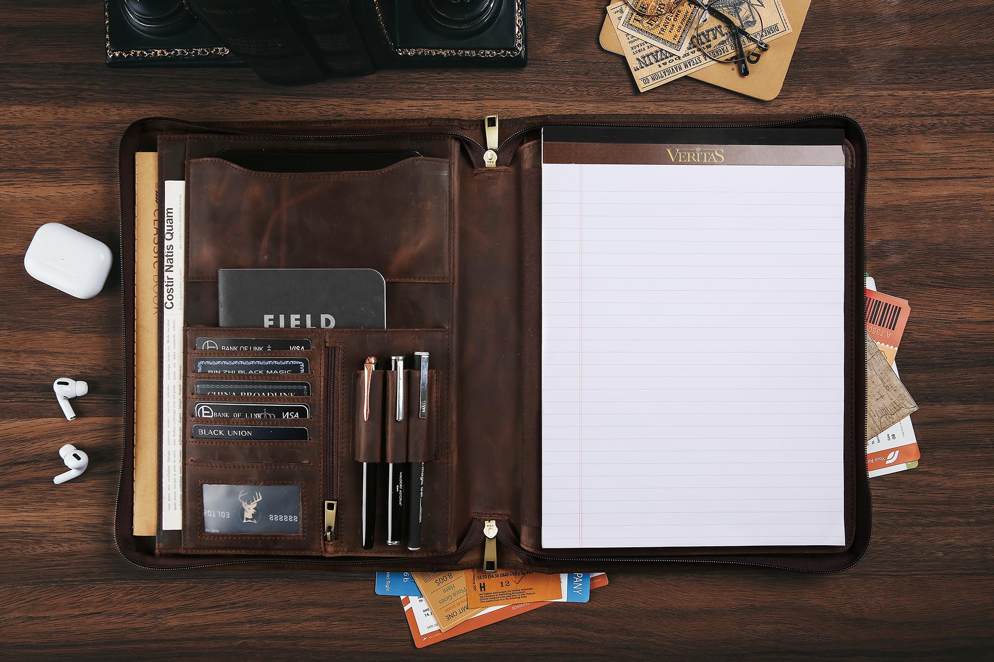 Portadocumenti fatto a mano in vera pelle per iPad/documenti, business padfolio con porta blocco note in pelle A4, cartella compatta in pelle per conferenze per uomini e donne, cachi scuro