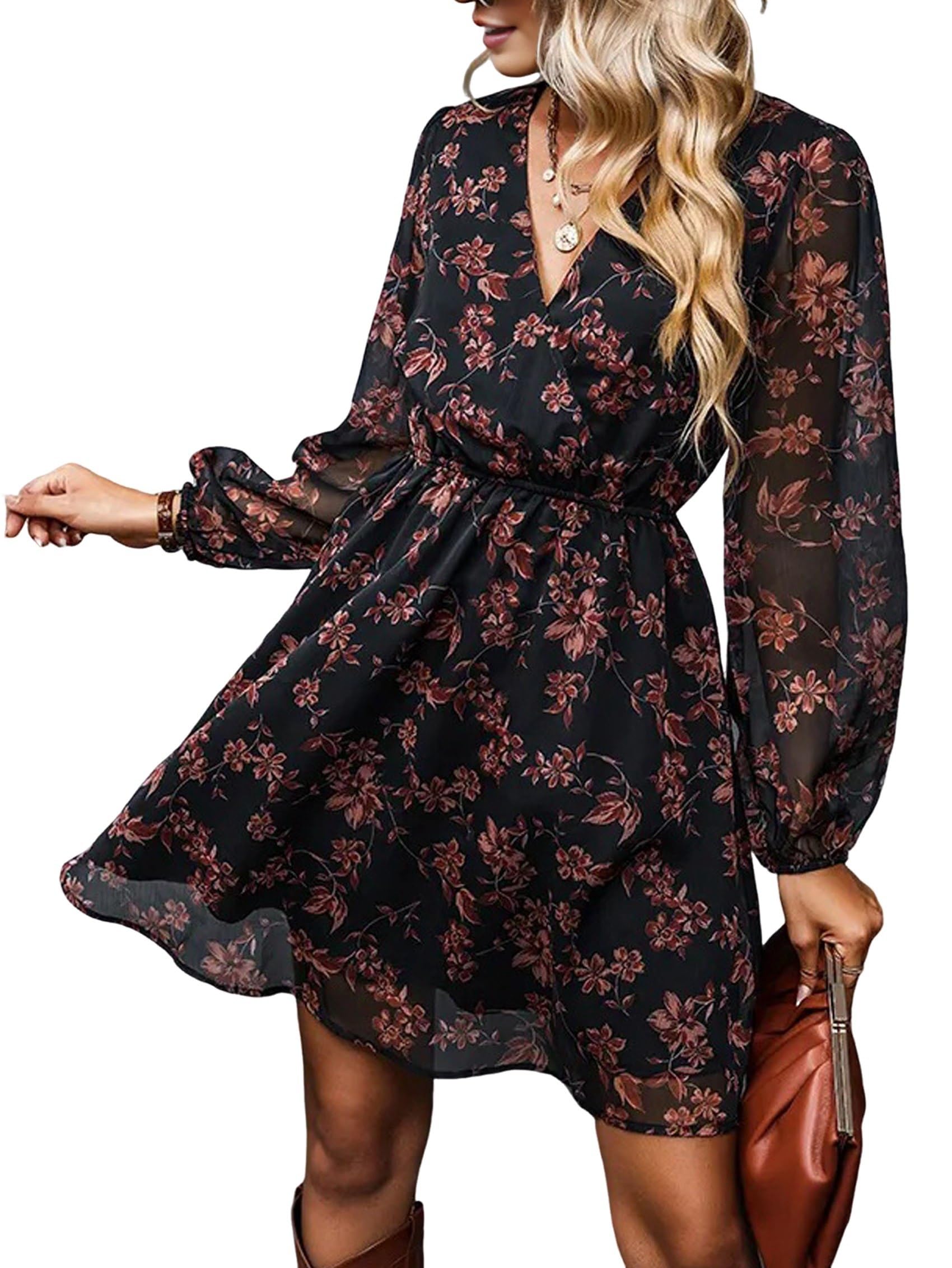 Women's Mini Dresses Casual Spring V Neck Chiffon Long Peasant Sleeves Flowy Summer Dress