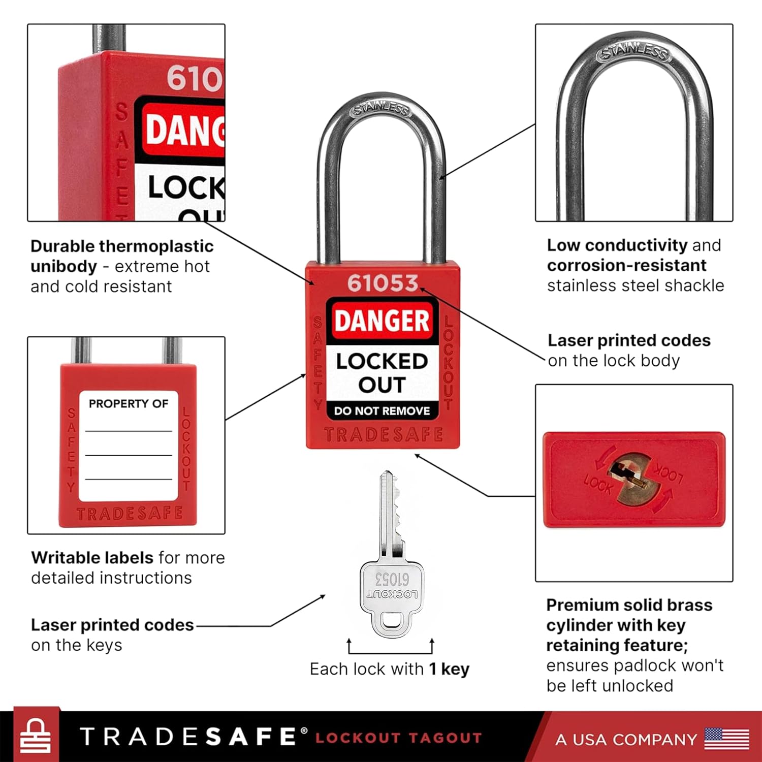 TRADESAFE Lockout Tagout Locks & Tags Bundle - 10 Red Loto Locks, Keyed Different, 1 Key Per Lock, 30 'Danger Do Not Operate' Lockout Tags with Zip Ties, OSHA-Compliant Safety Supply