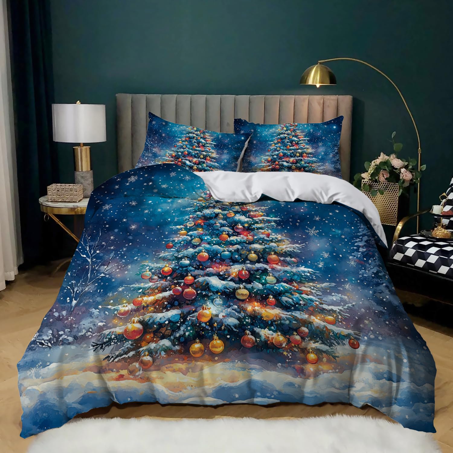 Poszewka na Kołdrę Boże narodzenie 240 x 220 cm Zestaw Pościeli Choinkowej Elegancka Zimowa Poszewka na Kołdrę W Kształcie Płatka Śniegu dla Dziewcząt,Chłopców,Niebieska,Świąteczna narz
