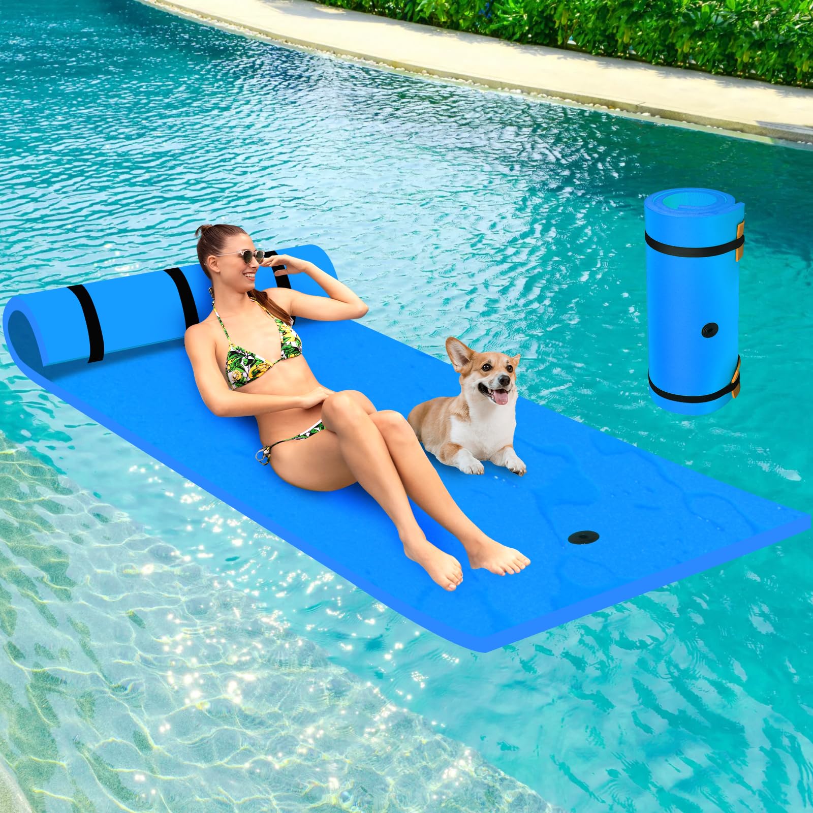 210 x 90 cm Matelas Flottant en Mousse XPE, Tapis d'eau en Mousse Enroulable Résistant à la Déchirure, Tapis Flottant Piscine pour Adultes de Charge 100KG, Lac, Piscine, Plage (Bleu)