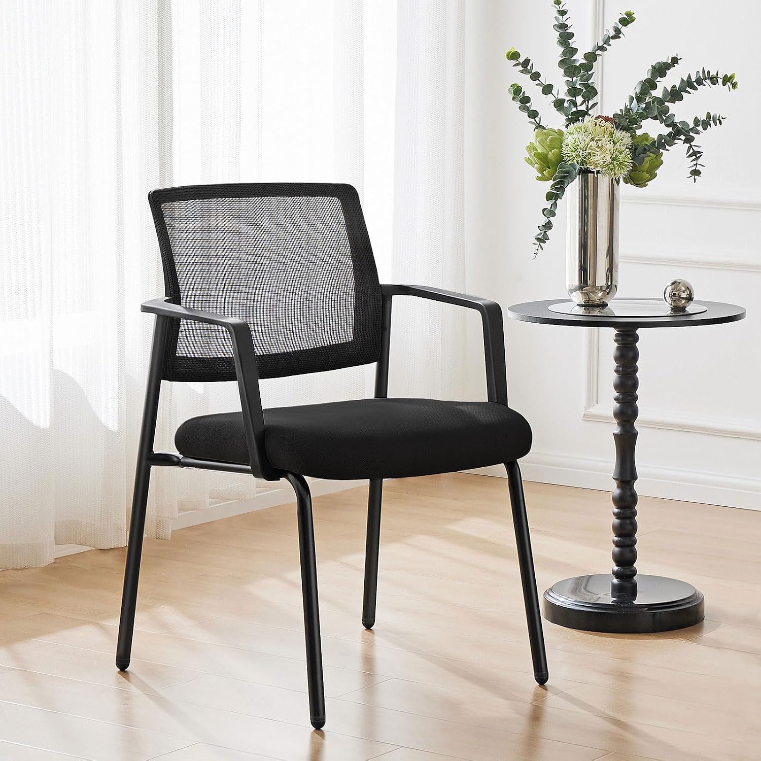 Mesh Back Stacking Arm Chairs, Office Reception Guest Chair with Upholstered Fabric Seat and Ergonomic Lumber Support, Sturdy Metal Office Chairs, Black-1pack