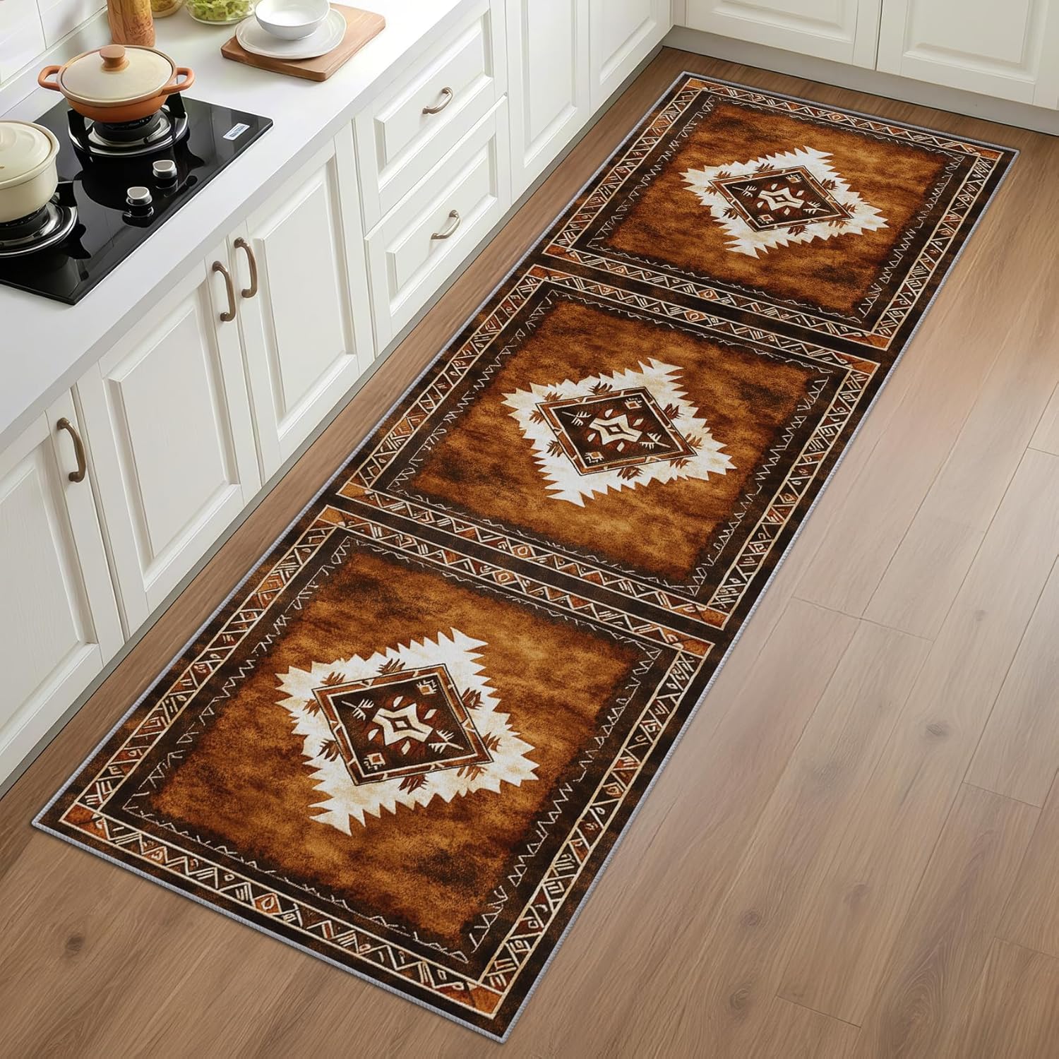 Aztec Runner Rug - 2x6 Runner Rug, Rustic Tribal Rugs for Bedroom, Boho Farmhouse Area Rugs for Entryway, Brown Geometric Carpet Washable Non Slip Kitchen Runners - Western Navajo Home Decor