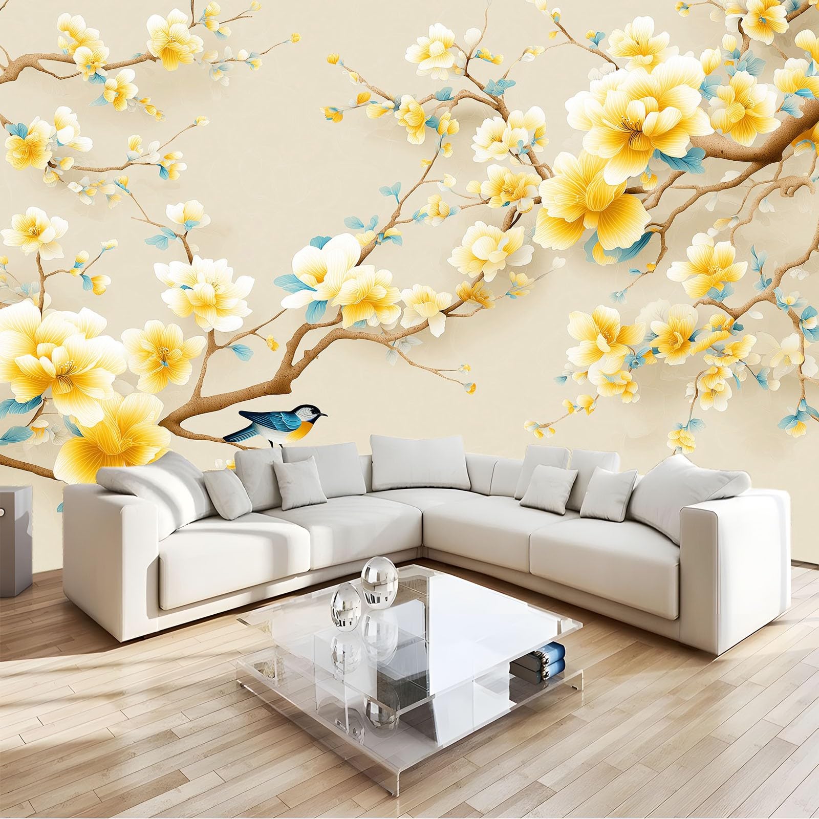 Panoramiczna tapeta 3D klasyczna orientalna pąki ptaki łodygi beżowa 200 x 140 cm, tapeta z włókniny - fresk ścienny do salonu, sypialni i biura, dekoracja ścienna druk HD
