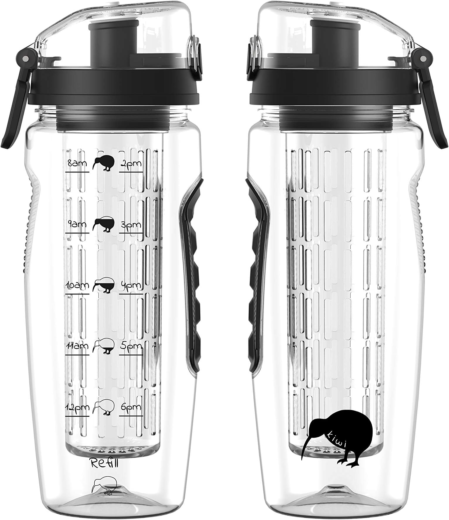 Kiwi Motivational Water Bottle with Fruit Infuser and Times To Drink - 1 Litre Leak Proof BPA Free Water Tracker Bottle