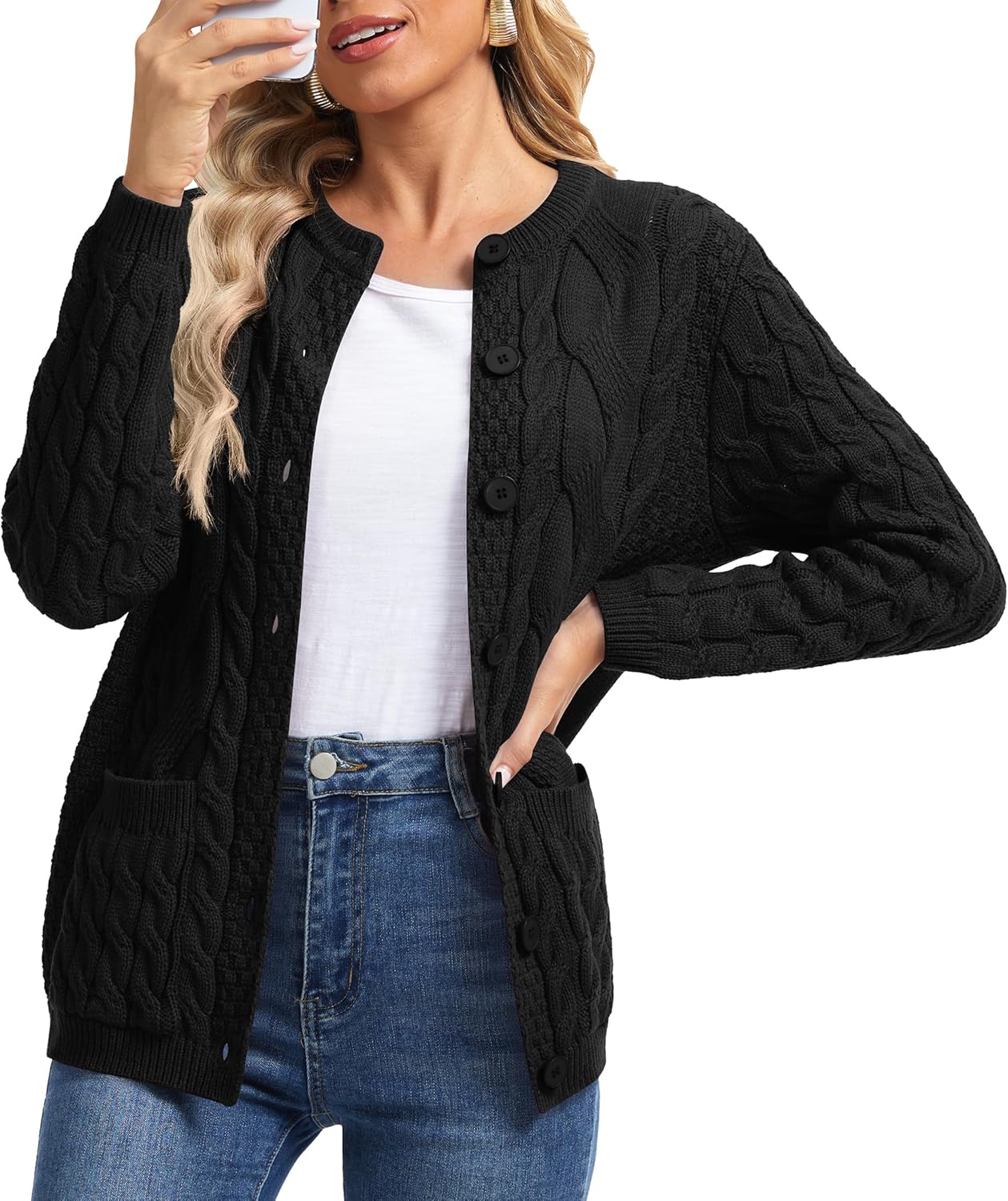 VIISHOW Women Cable Knit Cardigan Sweater Crew Neck Button up Cardigan with Pocket Sweater Coat for Fall and Winter - Image 2