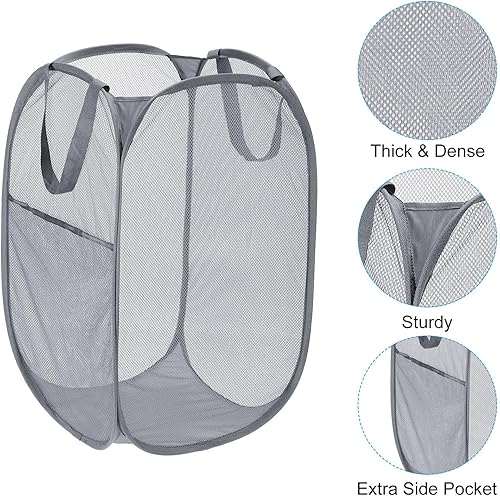 Miniatura 10 de PATIKIL Cesta de malla para lavandería, bolsa plegable con asas para lavandería, viajes, color beige